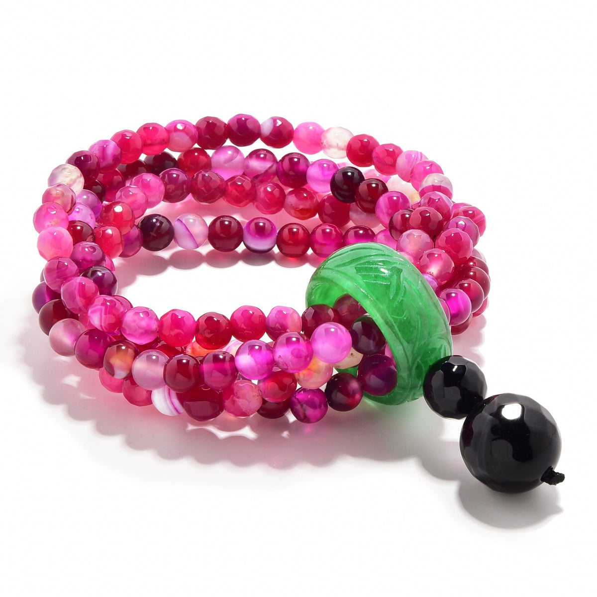 Kalifano Gemstone Bracelets Pink Agate 6mm Beads with Jade Ring Gemstone Elastic Bracelet PLAT-BGP-JRPK