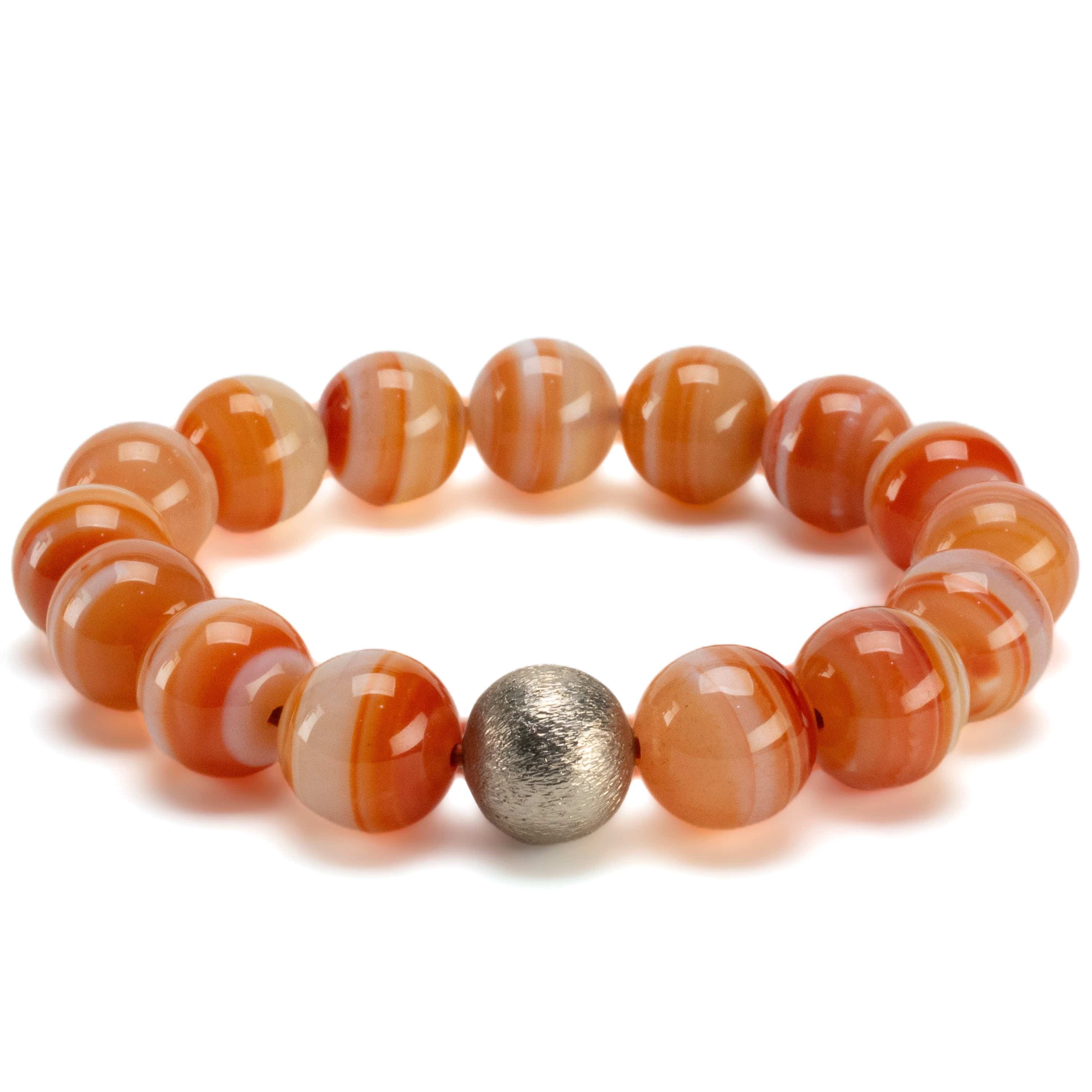 Kalifano Gemstone Bracelets Polished Banded Carnelian 12mm Gemstone Bead Elastic Bracelet with Matte Silver Accent Bead GOLD-BGP-074