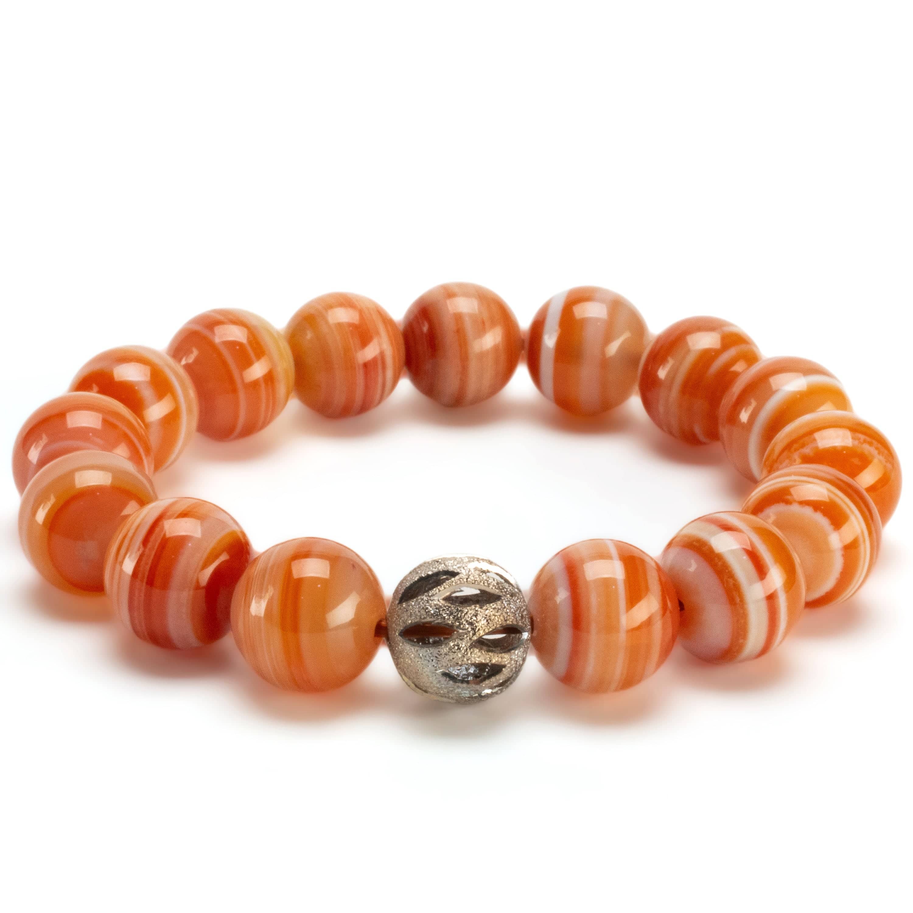 Kalifano Gemstone Bracelets Polished Banded Carnelian 12mm Gemstone Bead Elastic Bracelet with Silver Accent Bead GOLD-BGP-070
