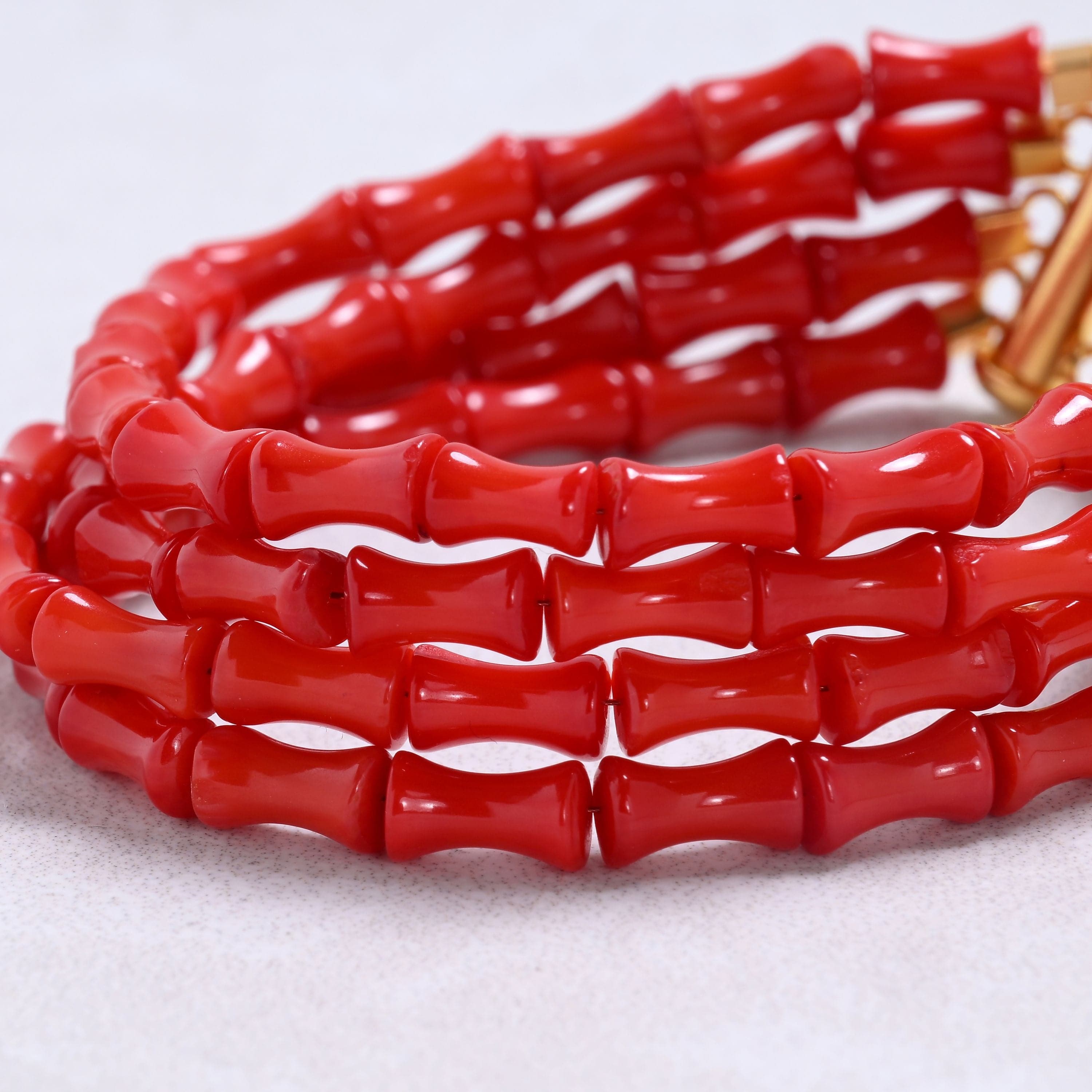 Kalifano Gemstone Bracelets Red Coral 5x8mm Bamboo Gemstone Bracelet with Sterling Silver Clasp