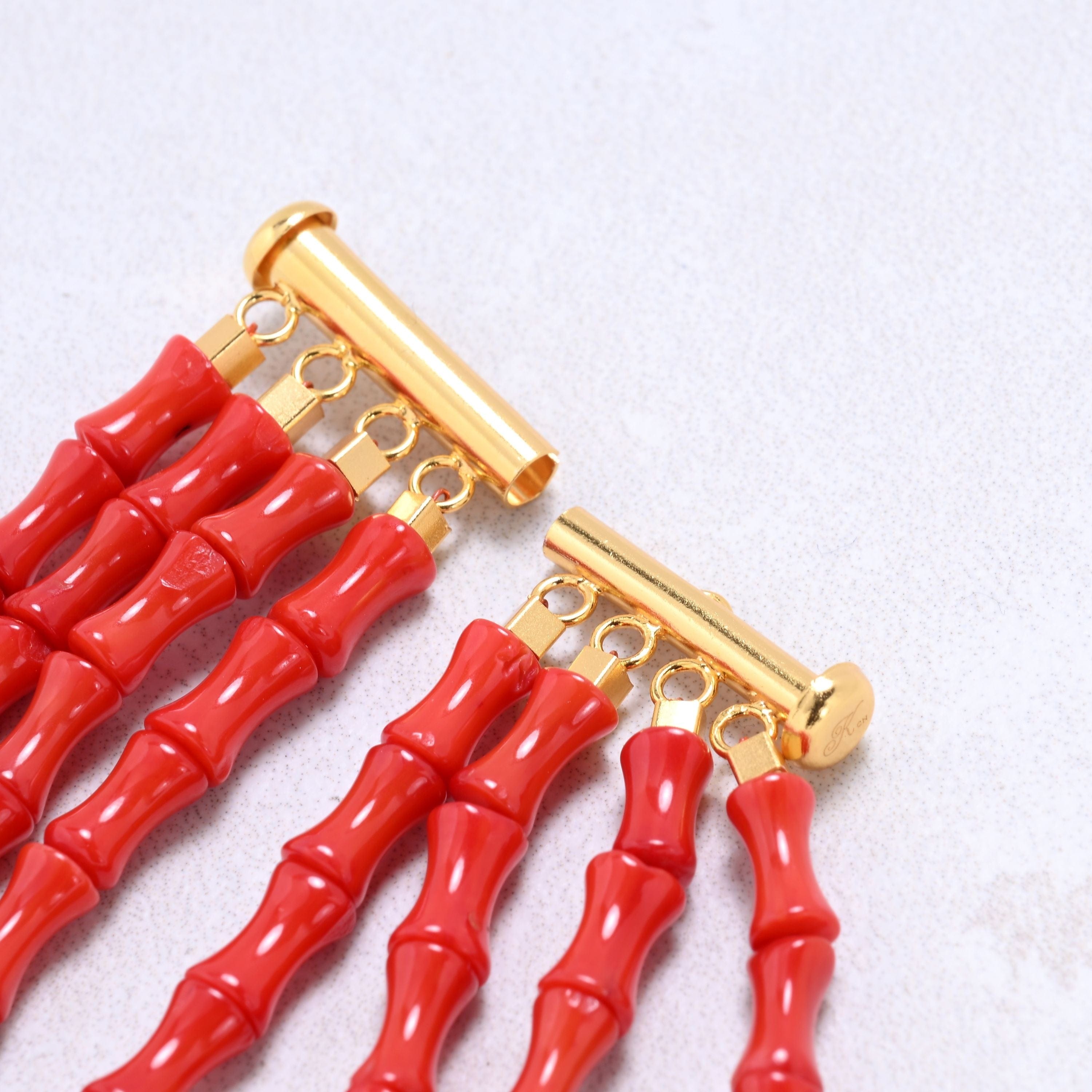 Kalifano Gemstone Bracelets Red Coral 5x8mm Bamboo Gemstone Bracelet with Sterling Silver Clasp