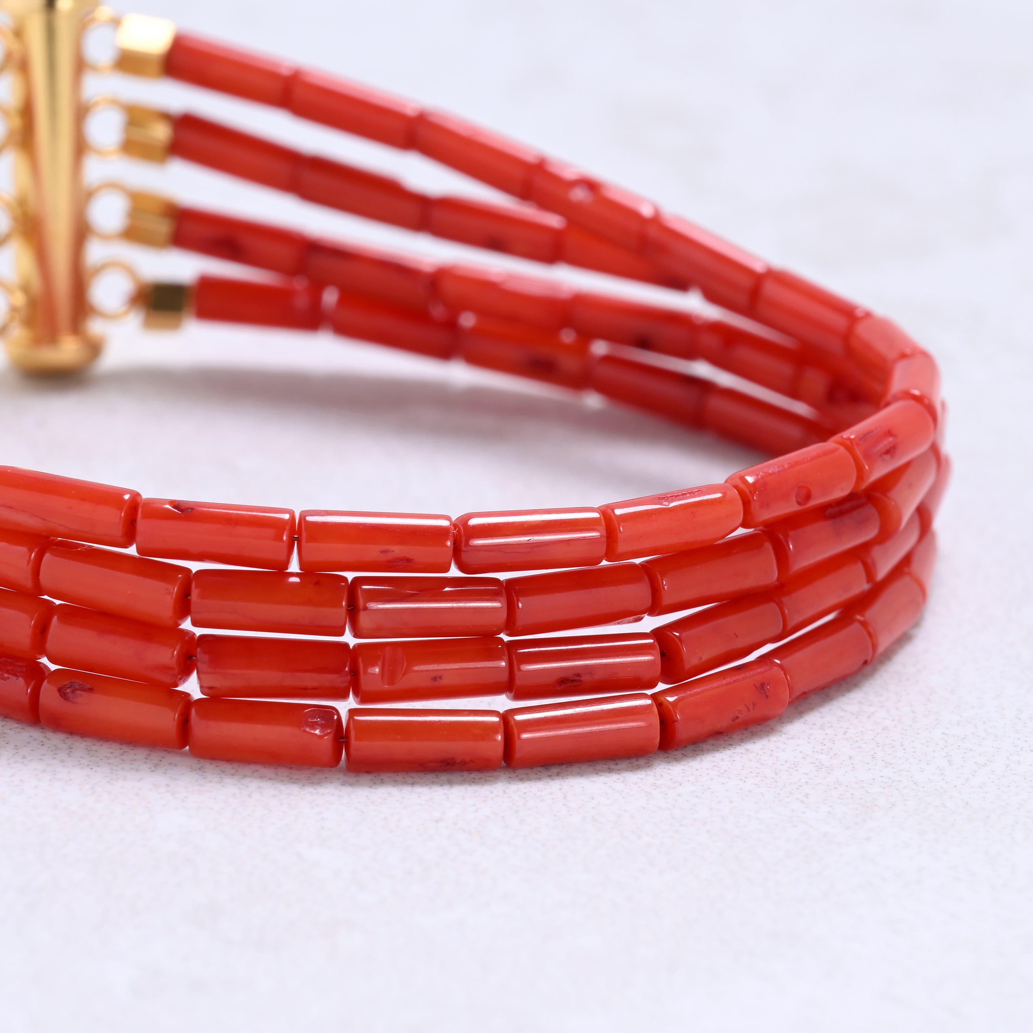 Kalifano Gemstone Bracelets Red Coral 7x3mm Pipe Gemstone Bracelet with Sterling Silver Clasp