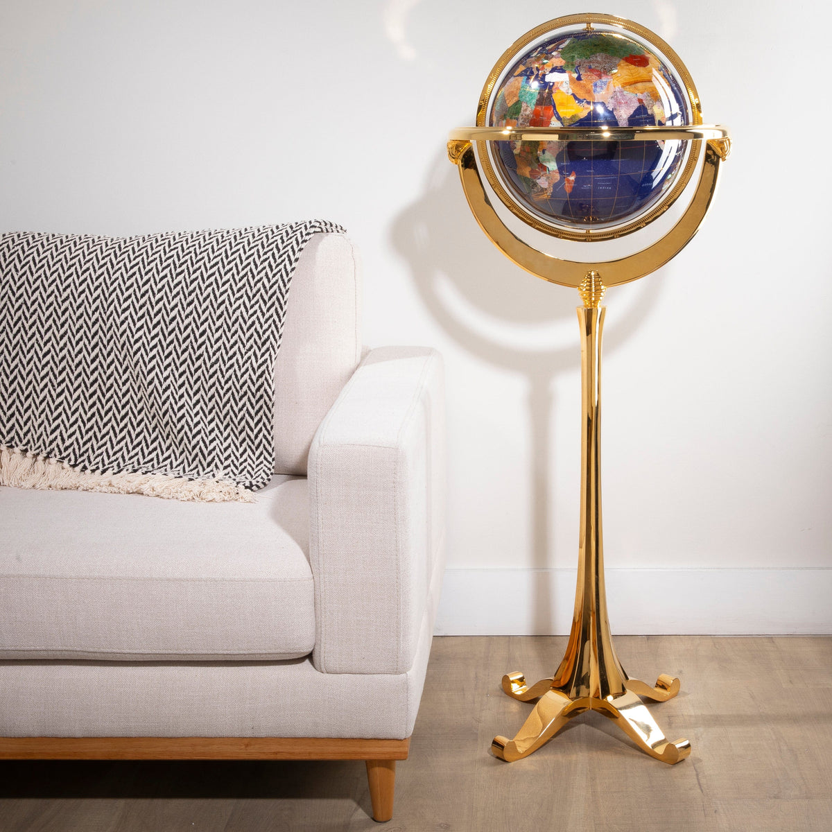 Kalifano Gemstone Globes 49" Tall Gemstone Globe with 13" Lapis Ocean on 24k Gold Plated Navigator 4-Leg Stand GTM330G-LP
