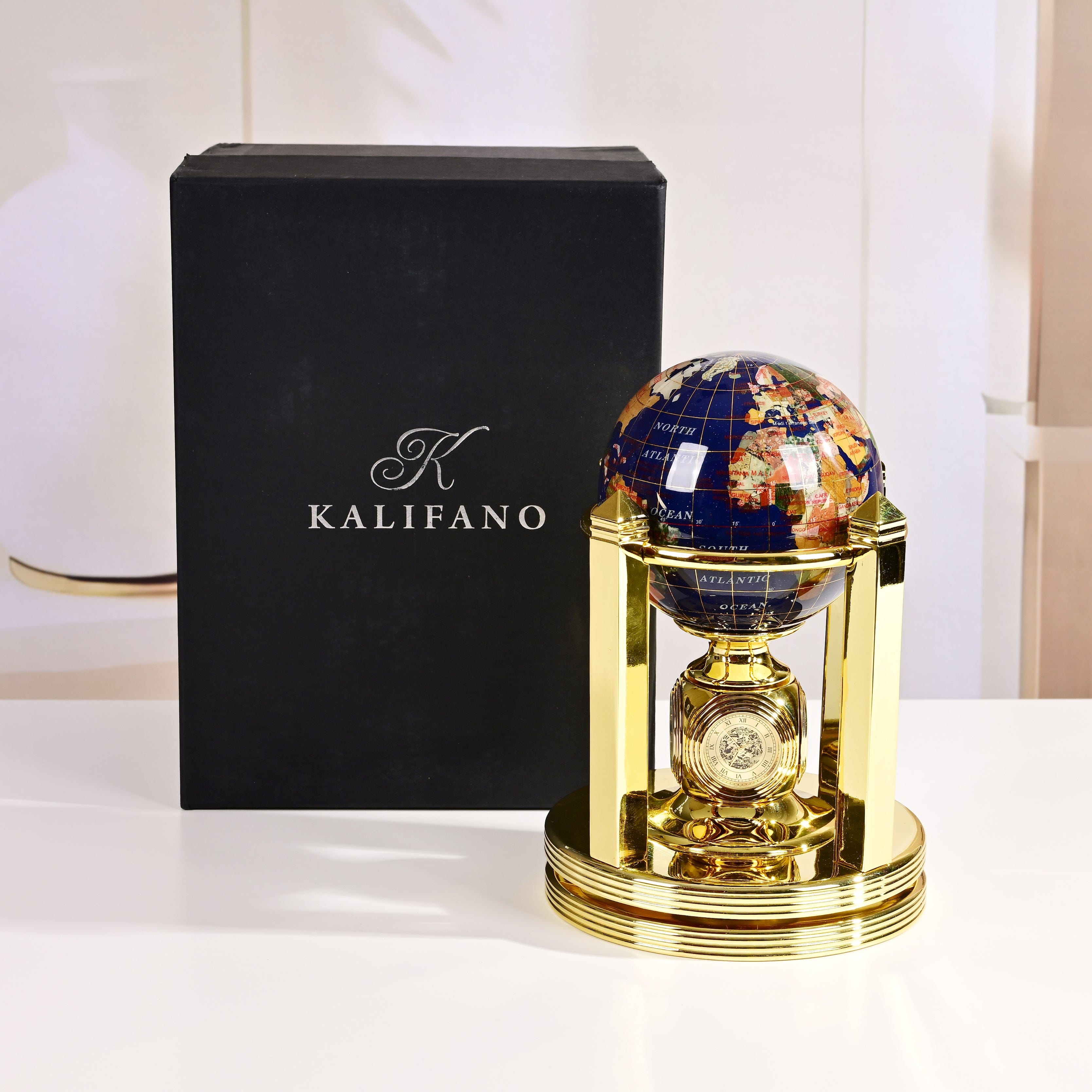 Kalifano Gemstone Globes 8.5" Tall Gemstone Globe with 4" Lapis Ocean on 24k Gold Plated Bi-directional rotating Stand G110G-LP