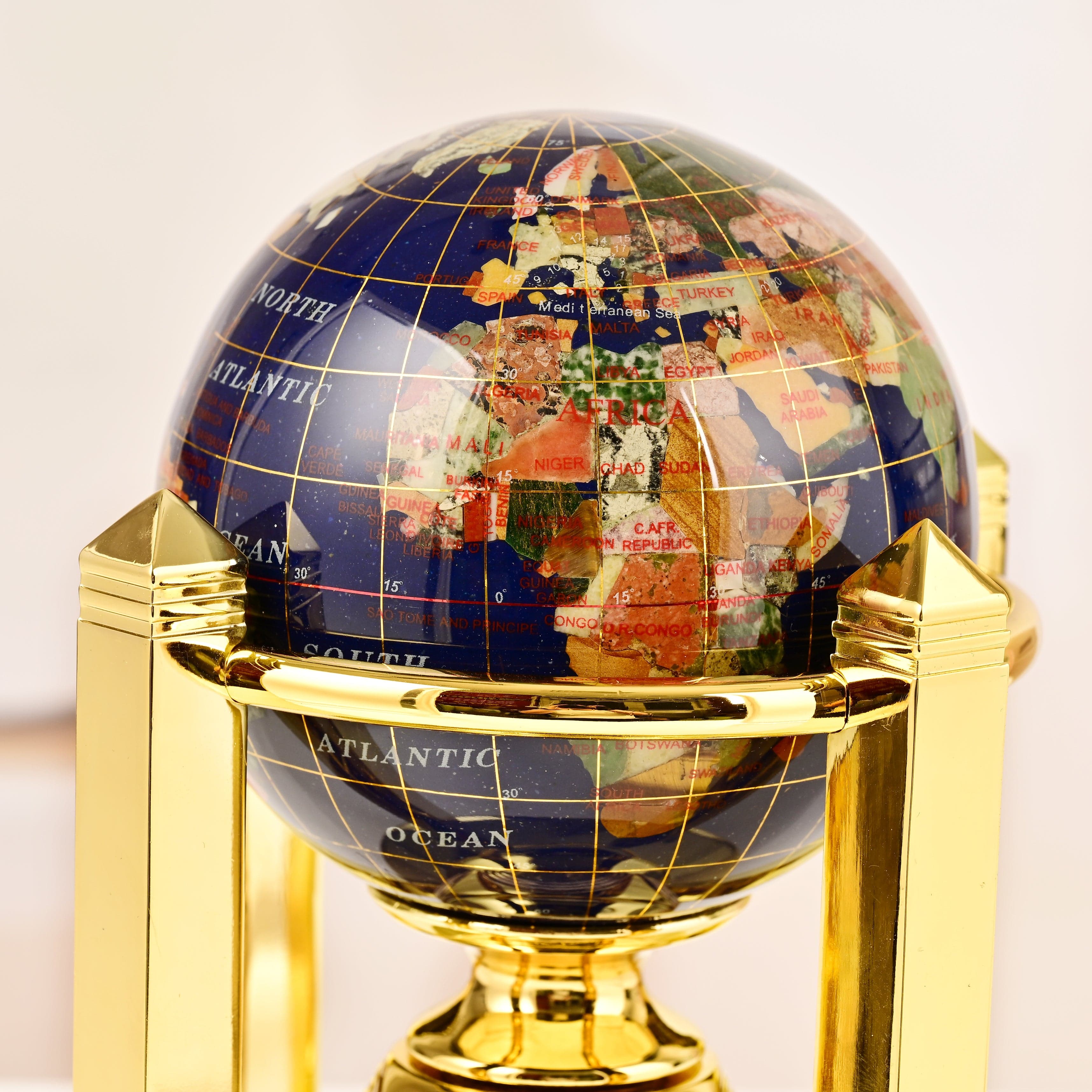 Kalifano Gemstone Globes 8.5" Tall Gemstone Globe with 4" Lapis Ocean on 24k Gold Plated Bi-directional rotating Stand G110G-LP