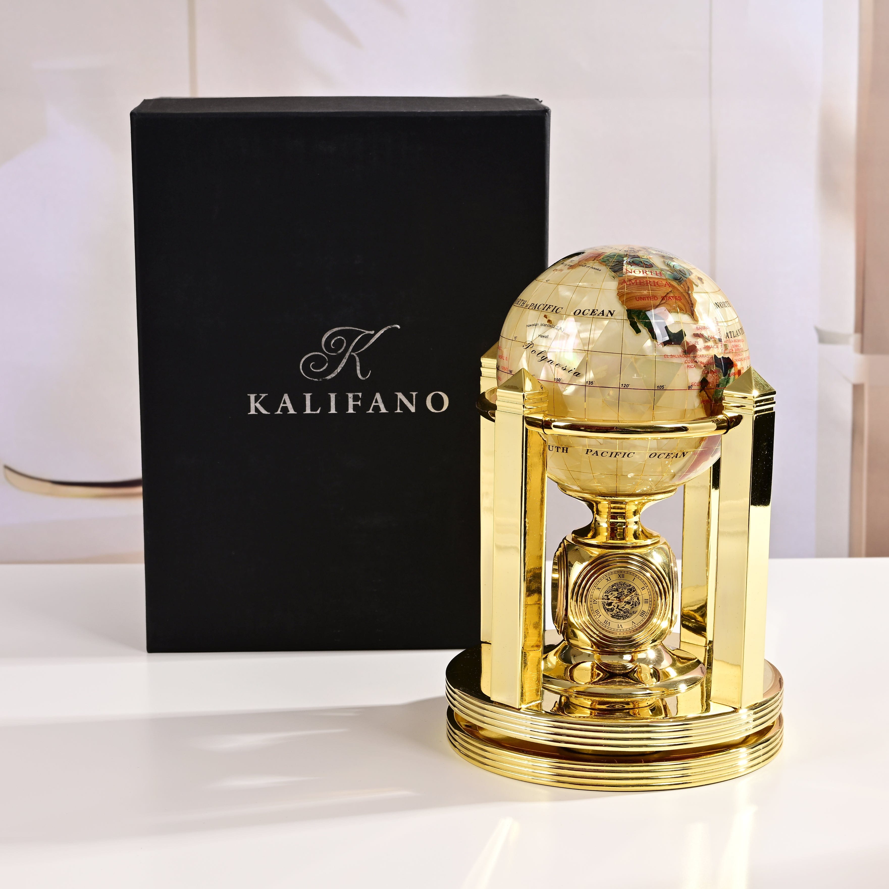 Kalifano Gemstone Globes 8.5" Tall Gemstone Globe with 4" Mother of Pearl Diamond Cut Ocean on 24k Gold Plated Bi-directional rotating Stand G110G-MOPTC