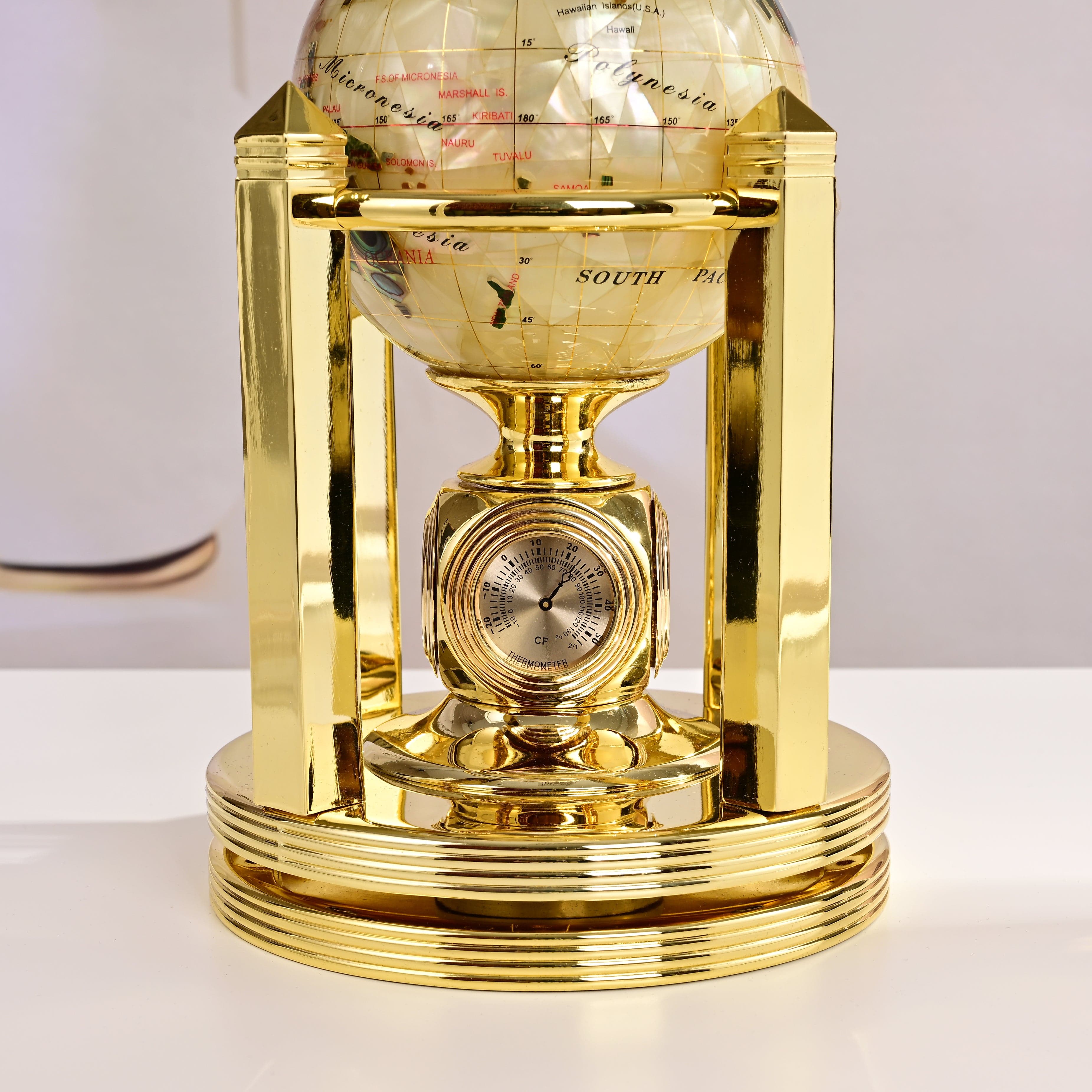 Kalifano Gemstone Globes 8.5" Tall Gemstone Globe with 4" Mother of Pearl Diamond Cut Ocean on 24k Gold Plated Bi-directional rotating Stand G110G-MOPTC