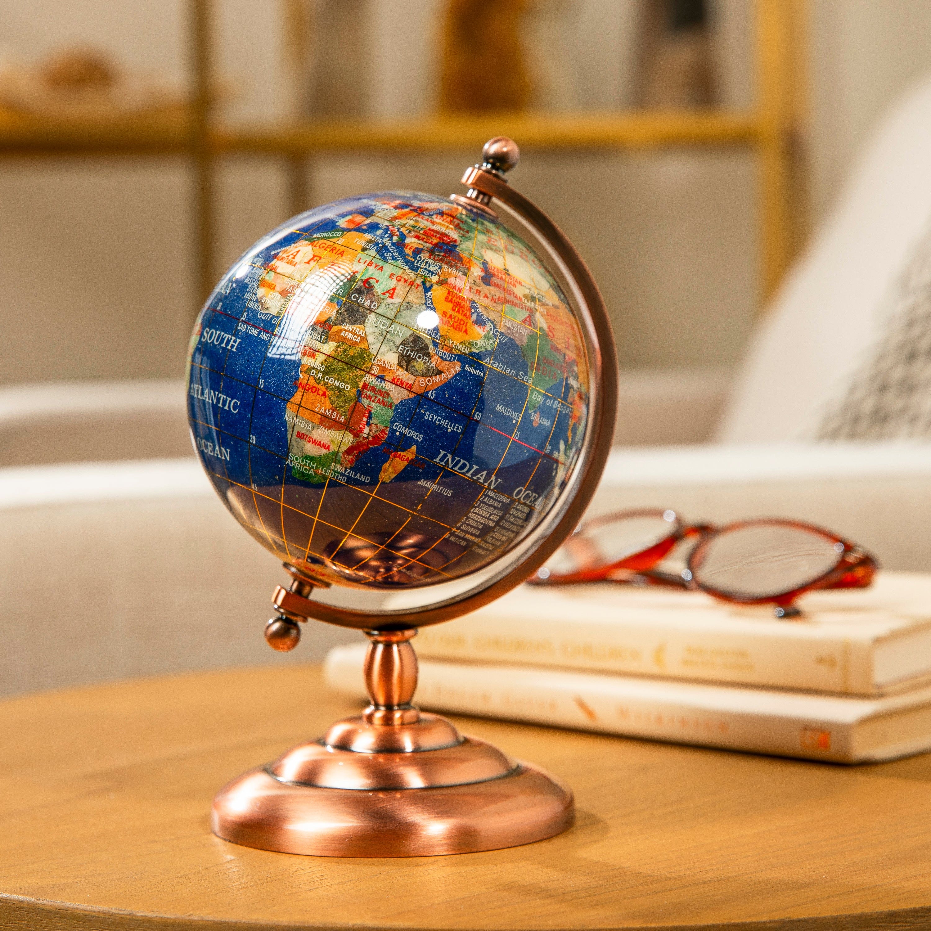 Kalifano Gemstone Globes Gemstone Globe with Lapis Ocean on Copper Stand - 7.25" GL110-AC