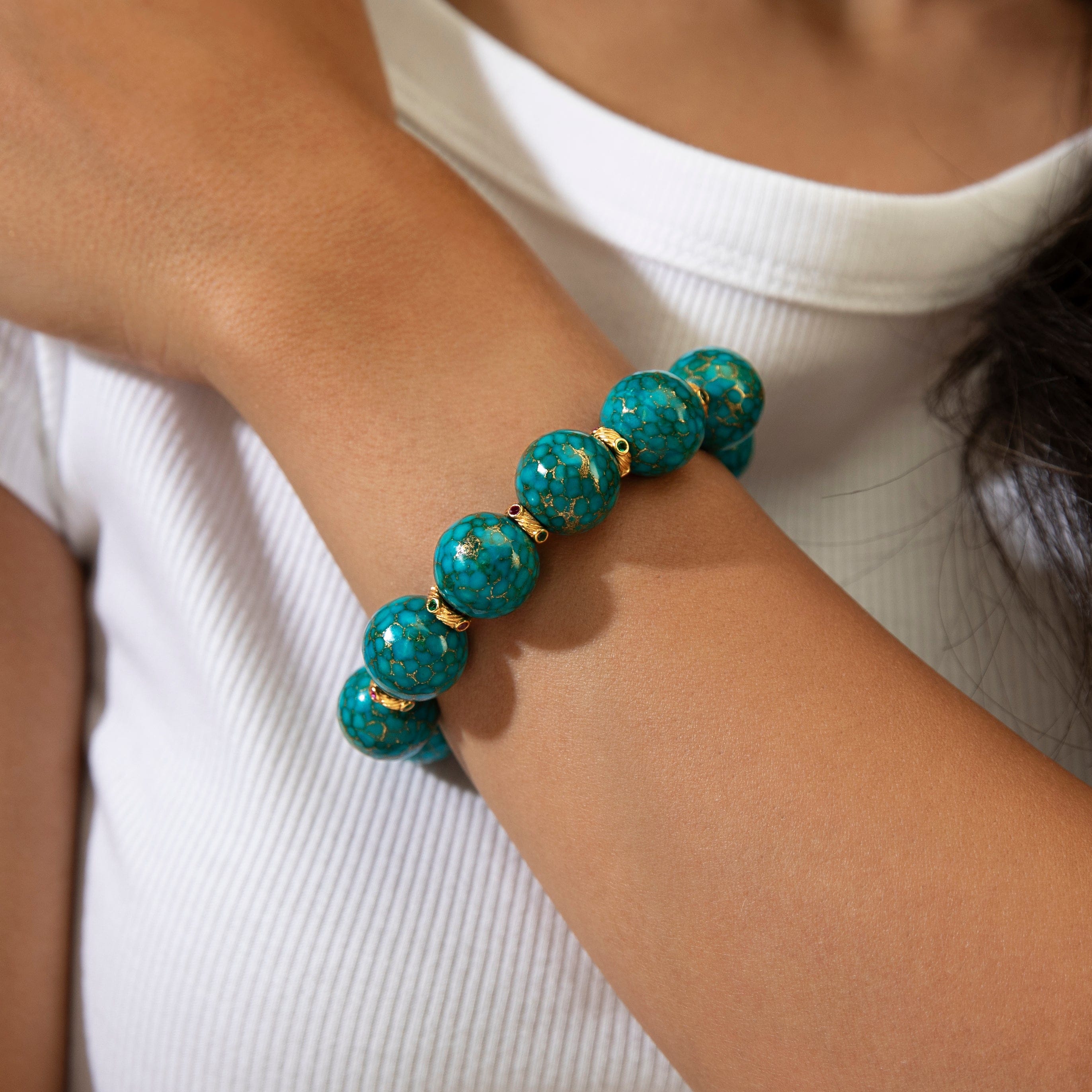 KALIFANO Gemstone Jewelry 16mm Turquoise Gemstone Elastic Bracelet