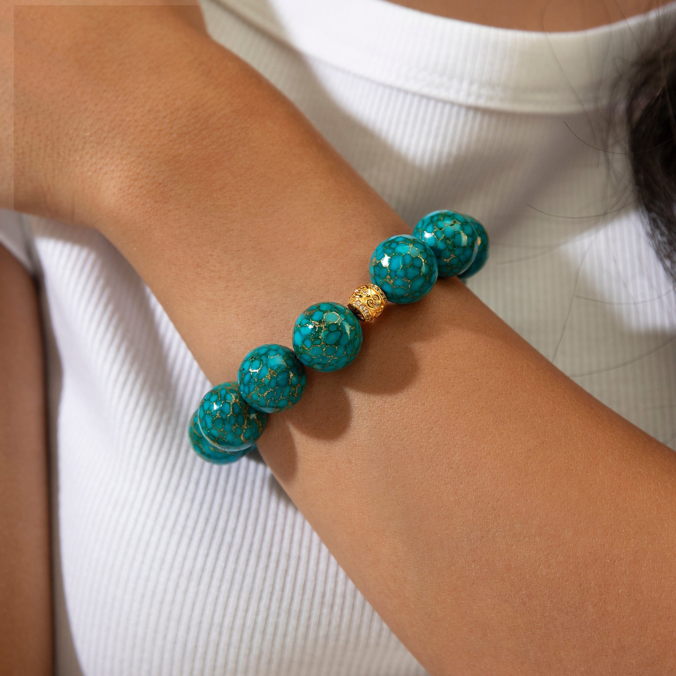 KALIFANO Gemstone Jewelry 16mm Turquoise Gemstone Elastic Bracelet