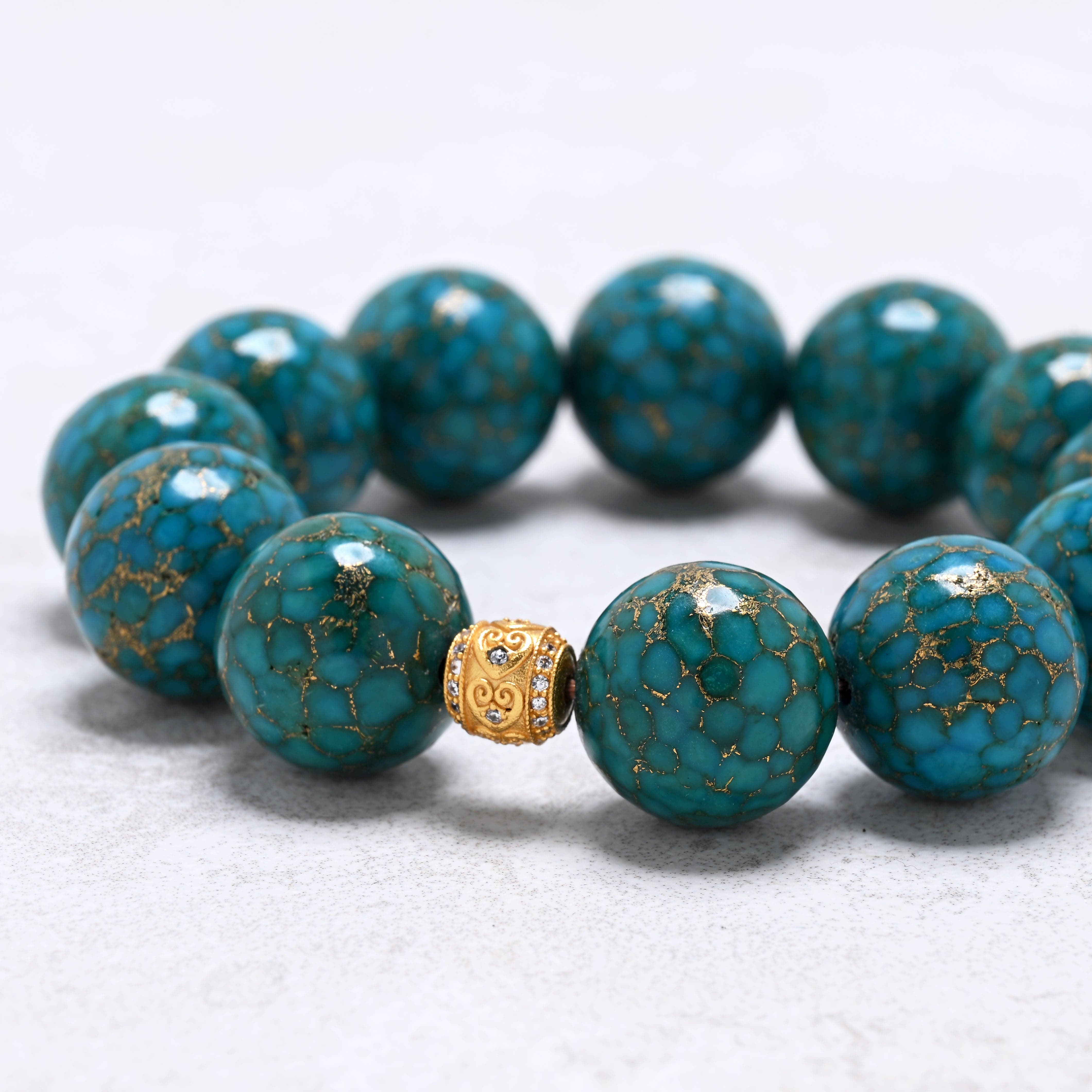 KALIFANO Gemstone Jewelry 16mm Turquoise Gemstone Elastic Bracelet