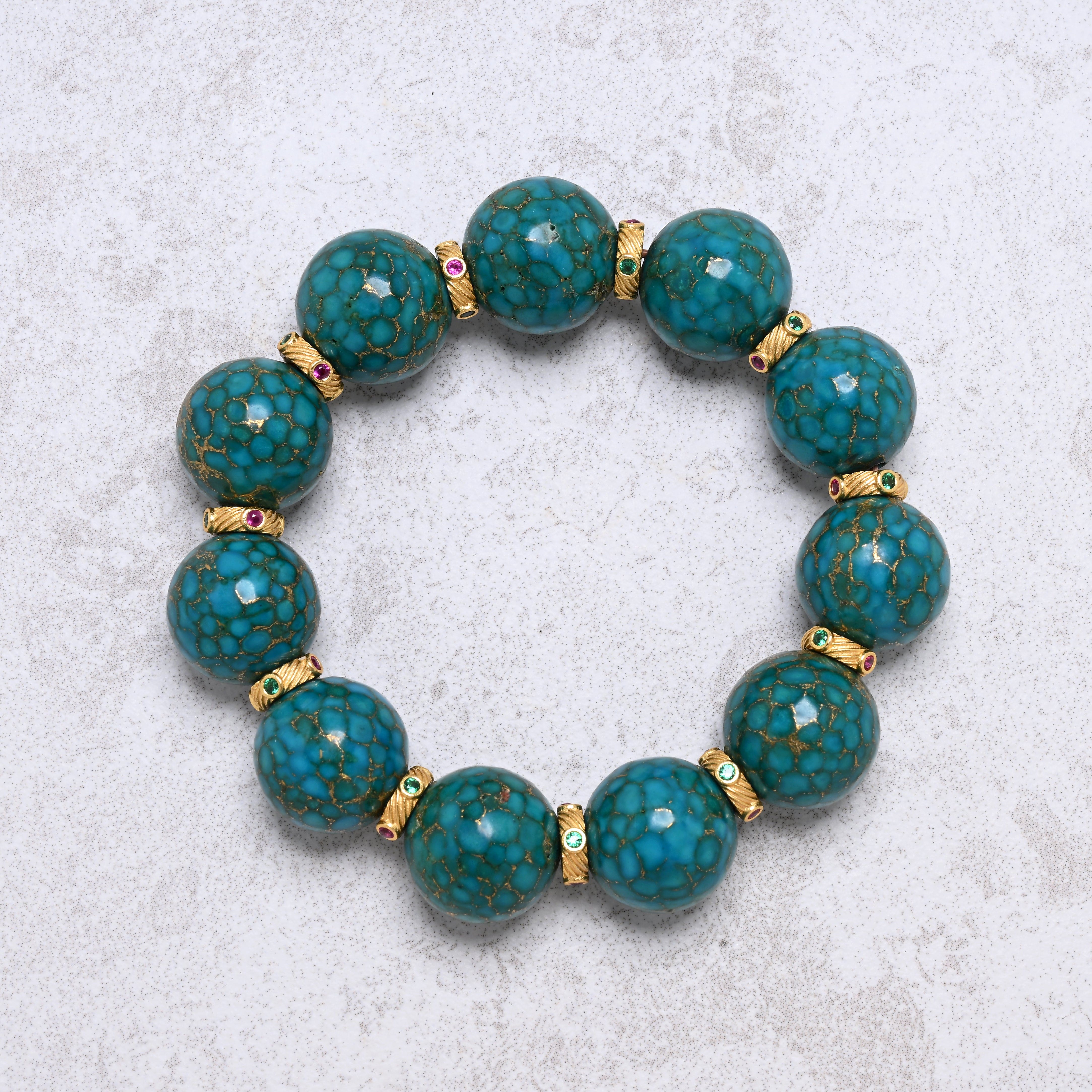 KALIFANO Gemstone Jewelry 16mm Turquoise Gemstone Elastic Bracelet
