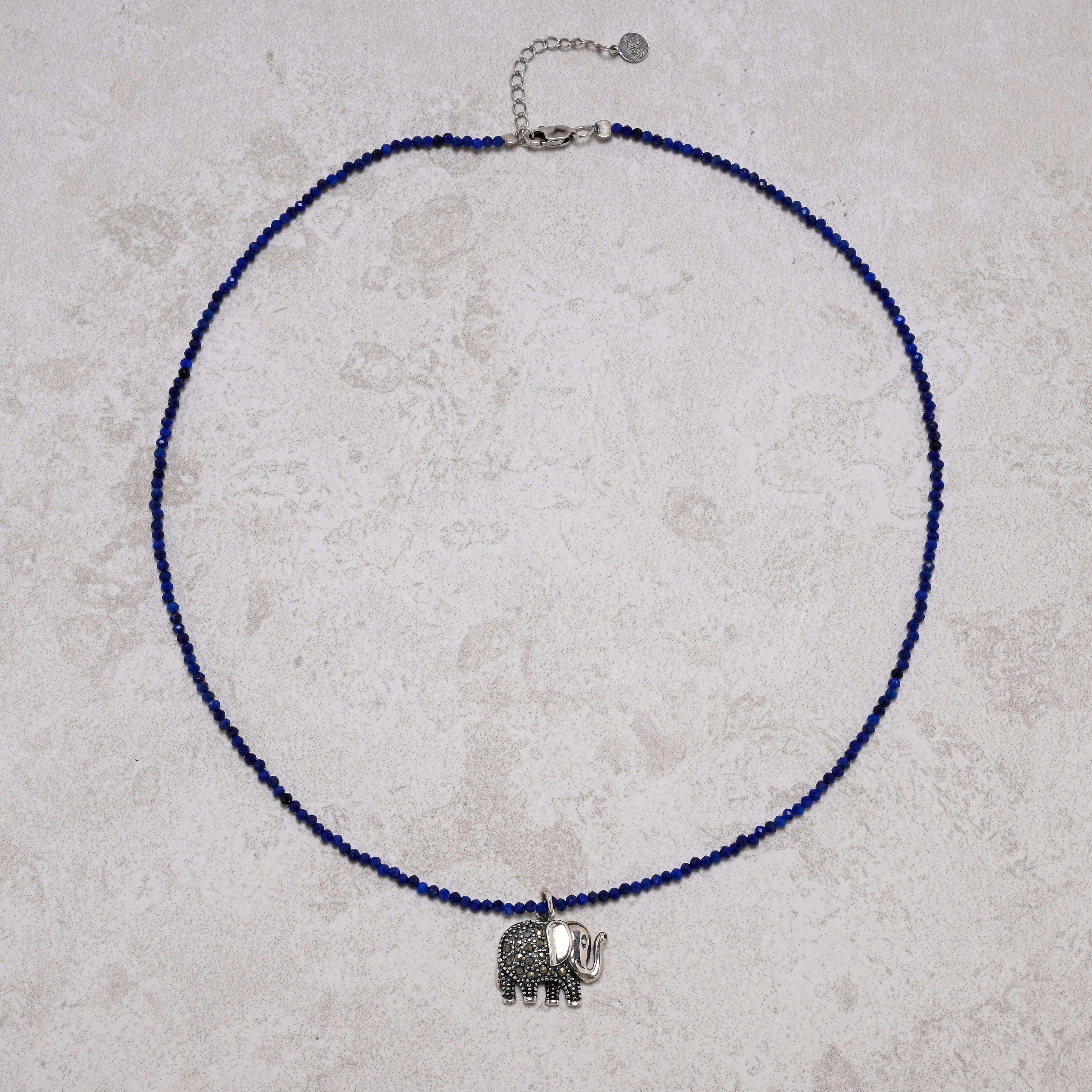 KALIFANO Gemstone Jewelry 17" 2mm Natural Lapis Necklace – Sterling Silver Elephant Pendant 925N300-LP