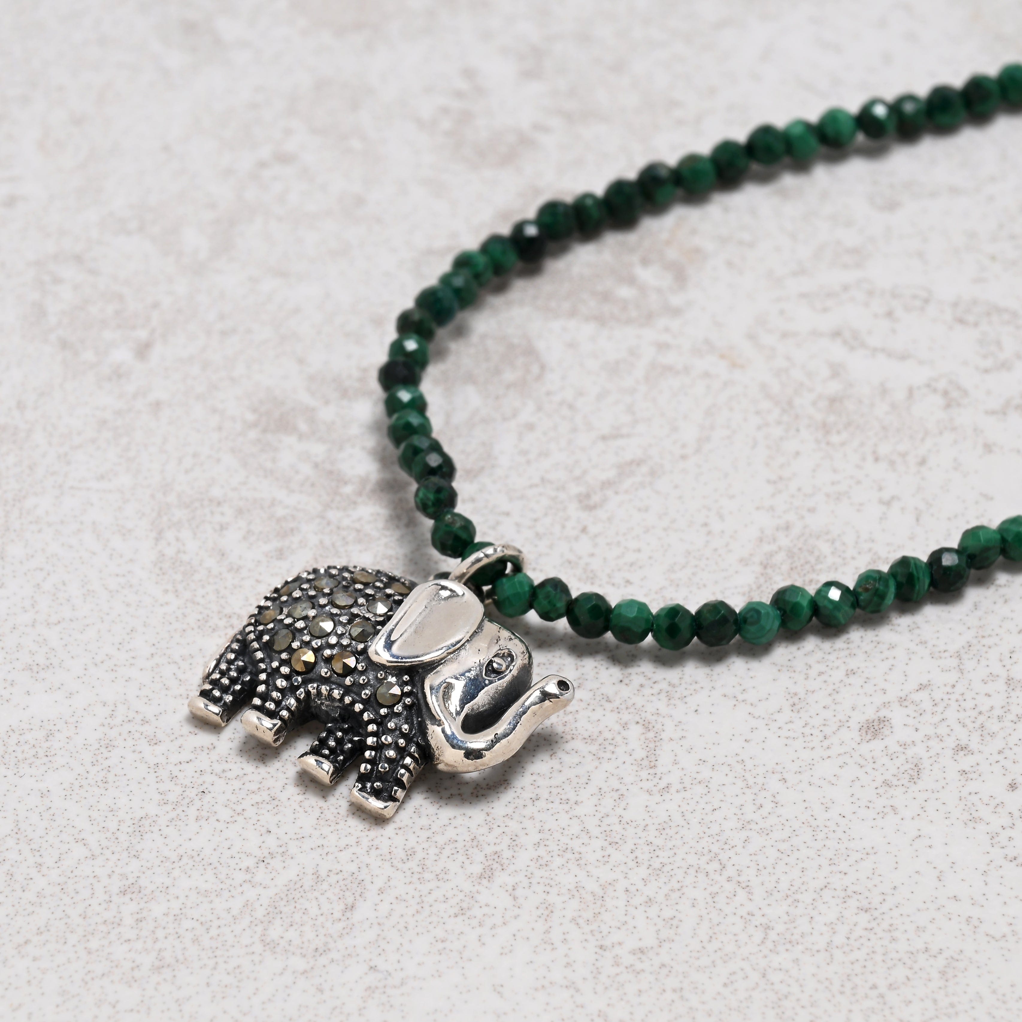 KALIFANO Gemstone Jewelry 17" 2mm Natural Malachite Necklace – Sterling Silver Elephant Pendant 925N300-MA