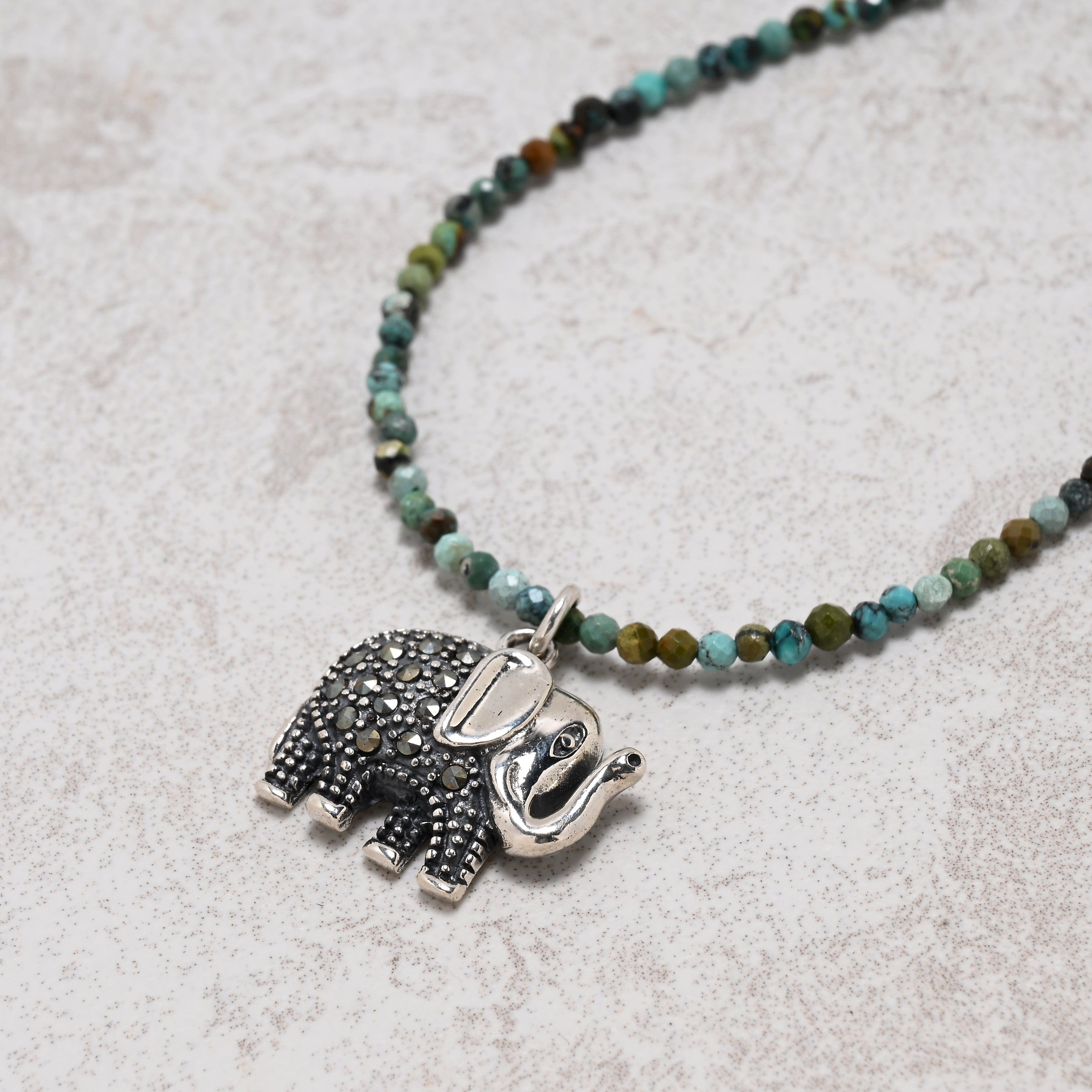 KALIFANO Gemstone Jewelry 17" 2mm Natural Turquoise Necklace – Sterling Silver Elephant Pendant 925N300-TQ