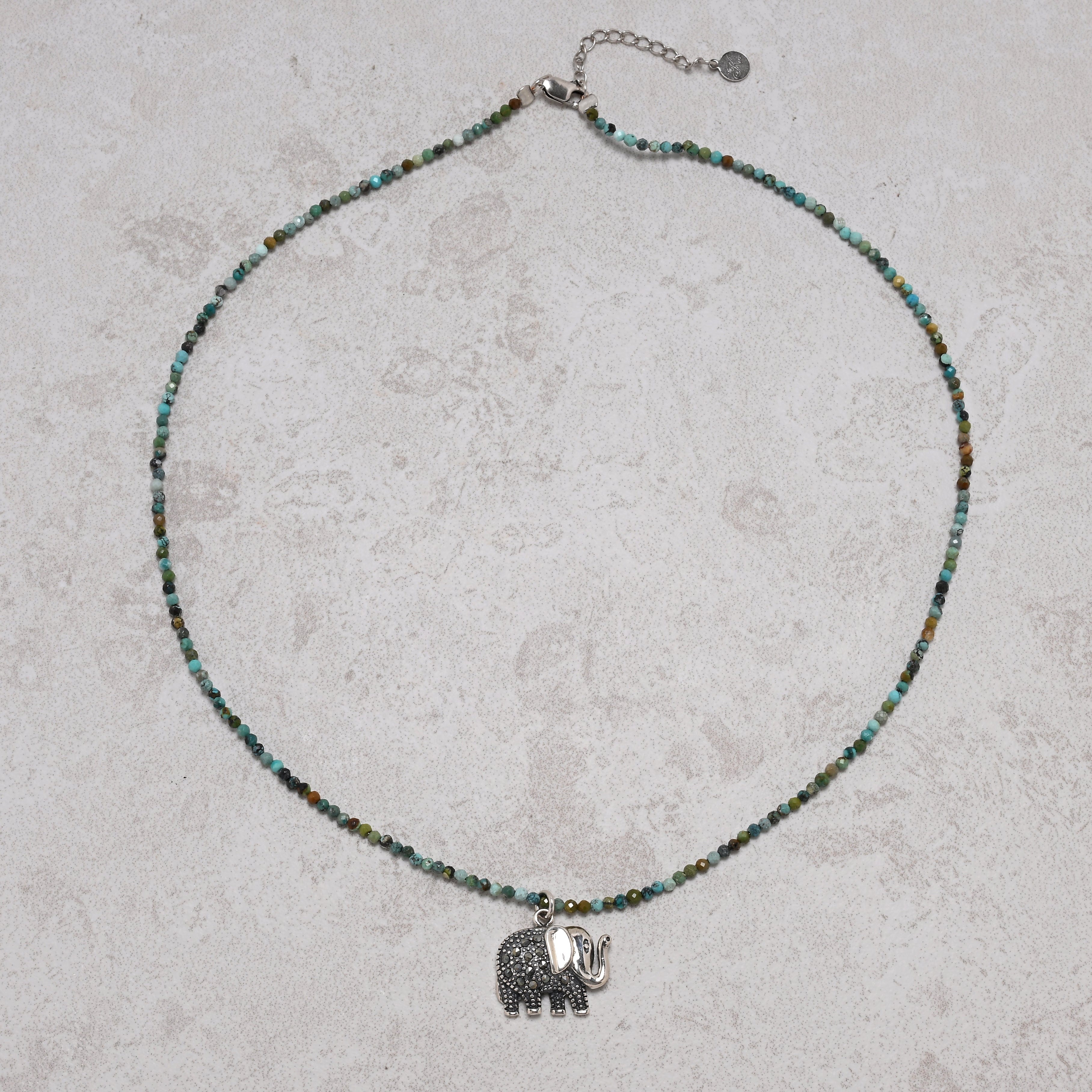 KALIFANO Gemstone Jewelry 17" 2mm Natural Turquoise Necklace – Sterling Silver Elephant Pendant 925N300-TQ