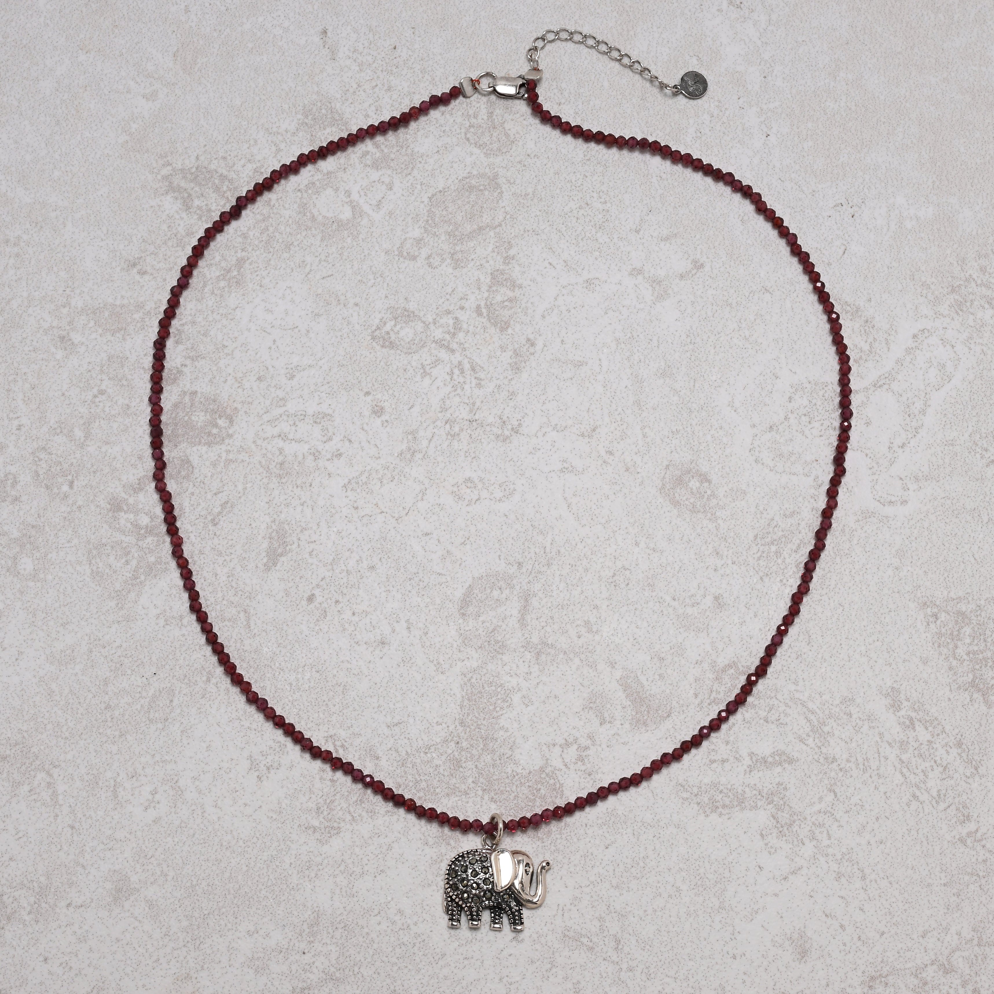 KALIFANO Gemstone Jewelry 18" Natural Garnet 2mm Beaded Necklace with Sterling Silver Elephant Charm and Sterling Silver Lobster Clasp 925N300-GA