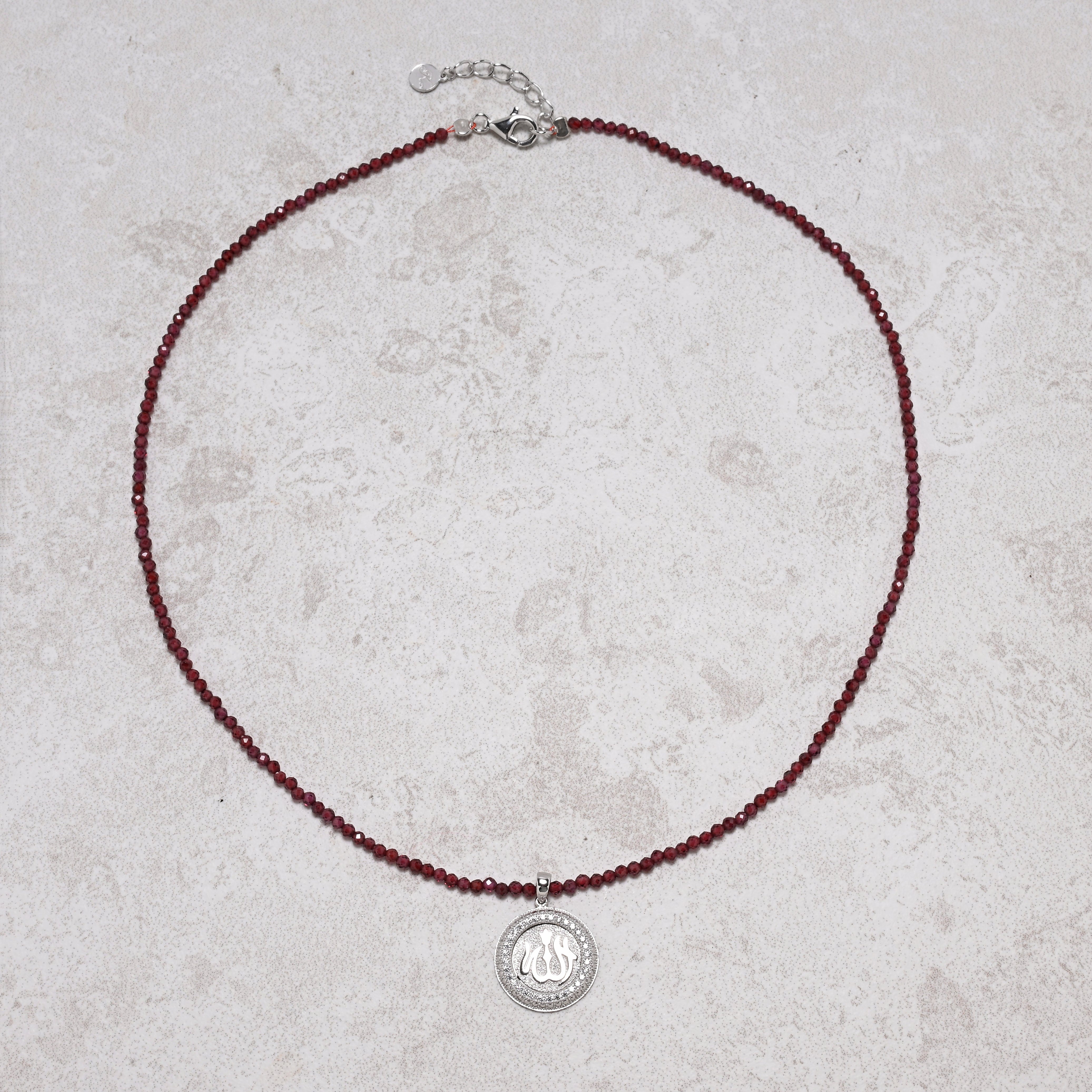 KALIFANO Gemstone Jewelry 18" Natural Garnet Necklace with Sterling Silver Allah Charm 925NA200-GA