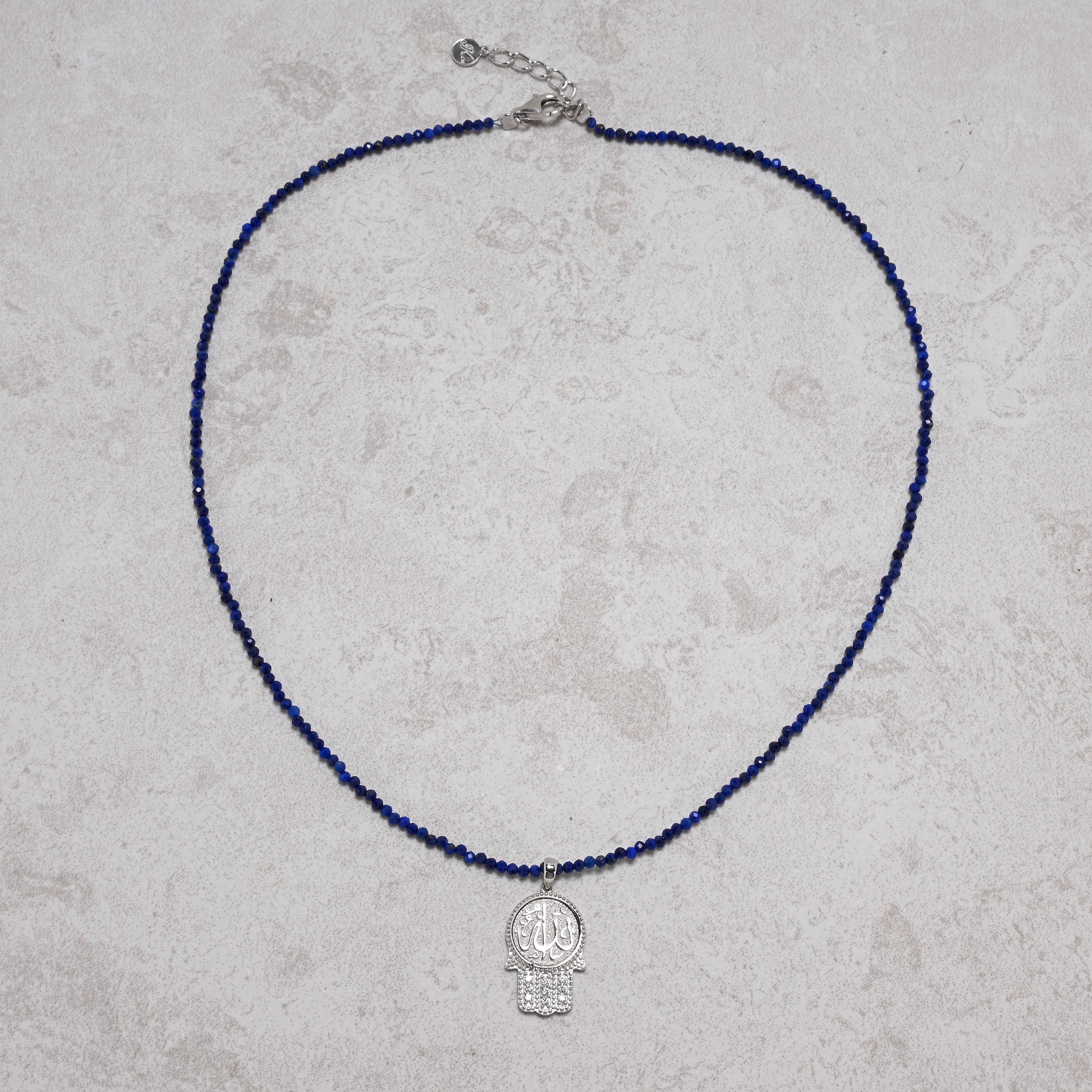 KALIFANO Gemstone Jewelry 18" Natural Lapis 2mm Necklace with Sterling Silver Allah Charm 925NA200-LP