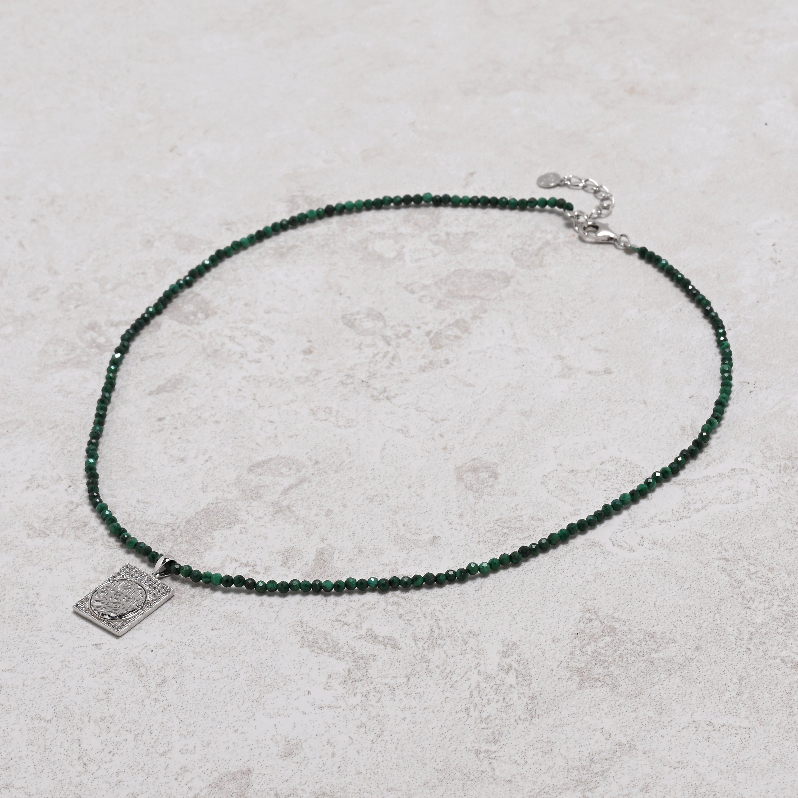 KALIFANO Gemstone Jewelry 18" Natural Malachite 2mm Necklace with Sterling Silver Allah Charm 925NA200-MA