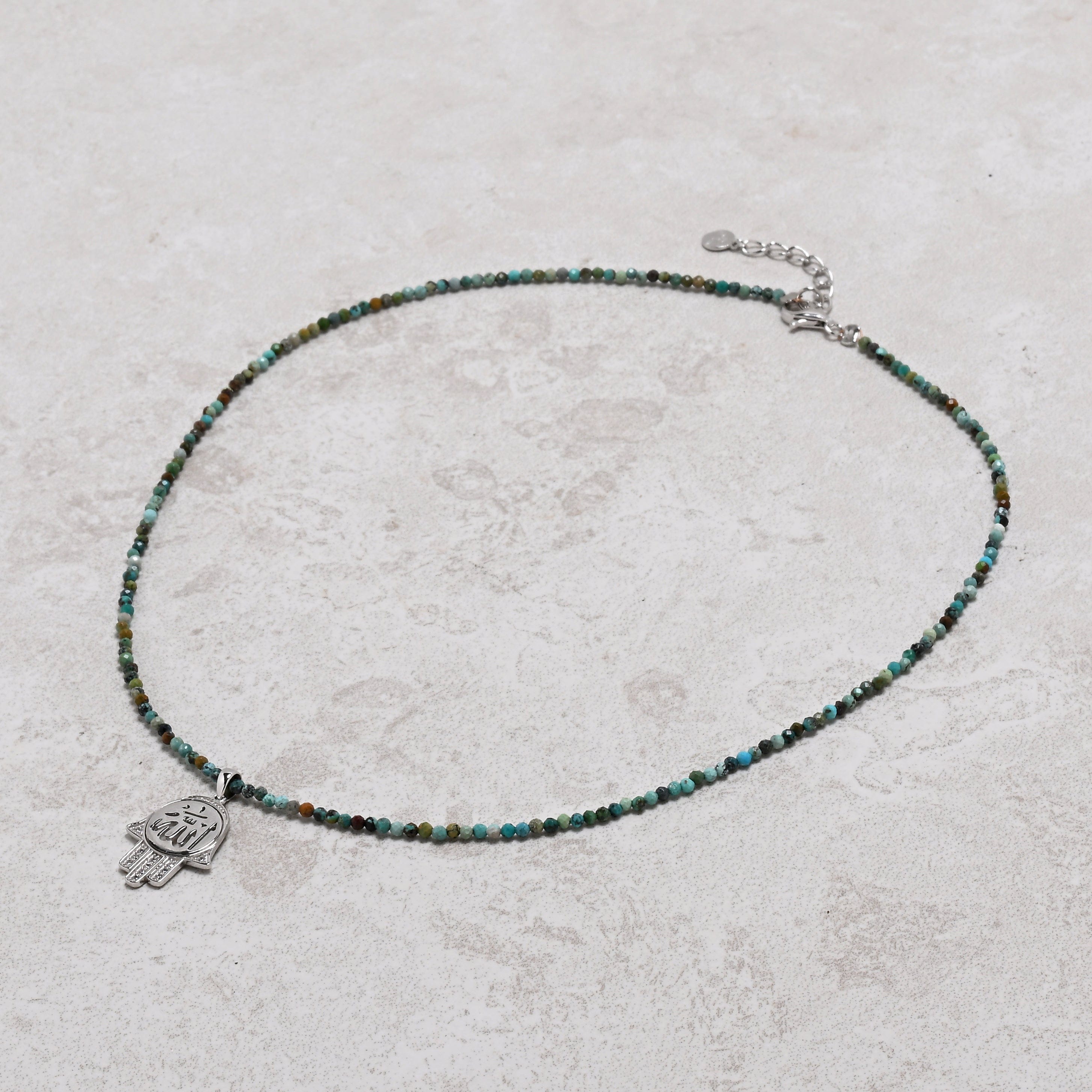 KALIFANO Gemstone Jewelry 18" Natural Turquoise 2mm Necklace with Sterling Silver Allah Charm 925NA200-TQ