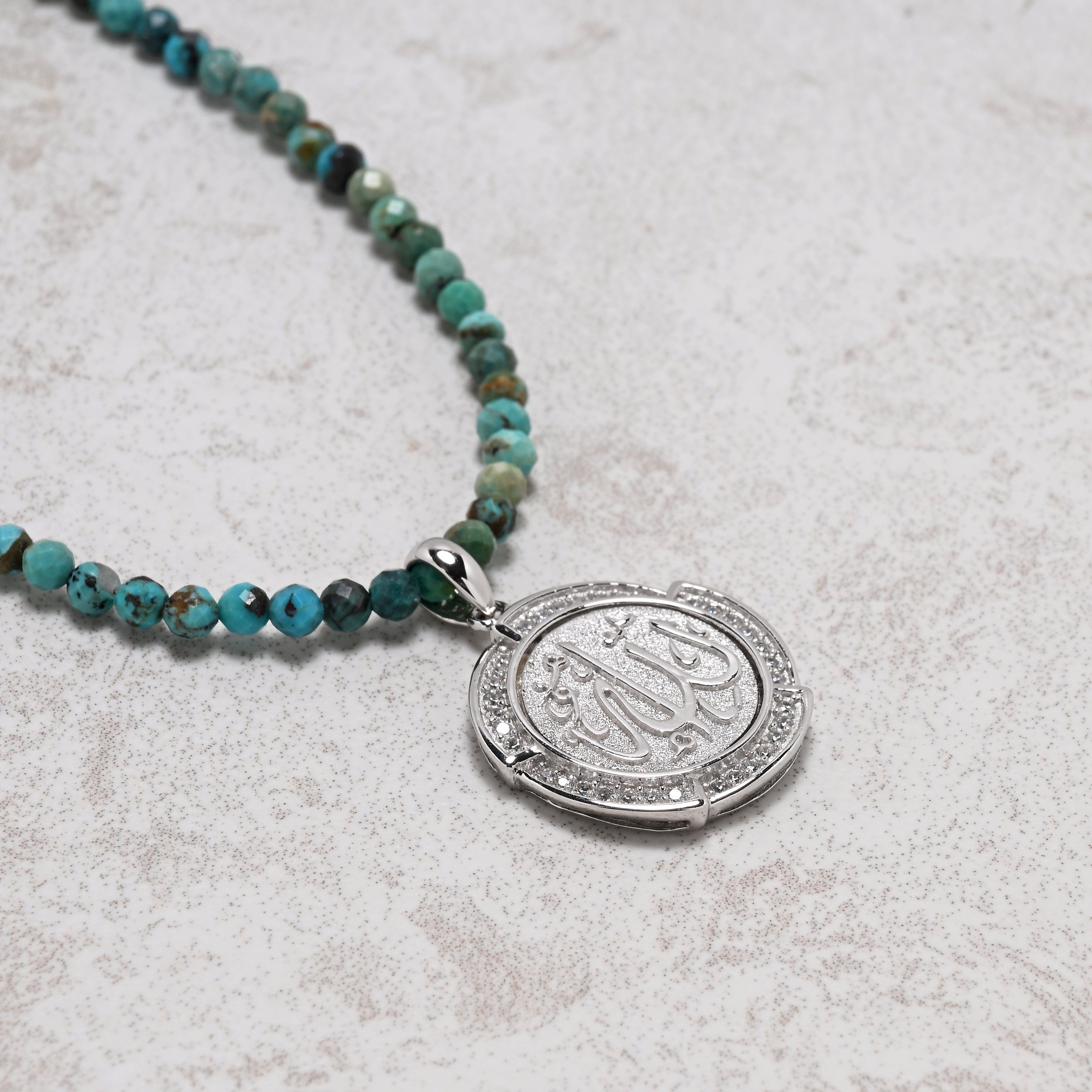 KALIFANO Gemstone Jewelry 18" Natural Turquoise 3mm Necklace with Sterling Silver Allah Charm 925NA201-TQ