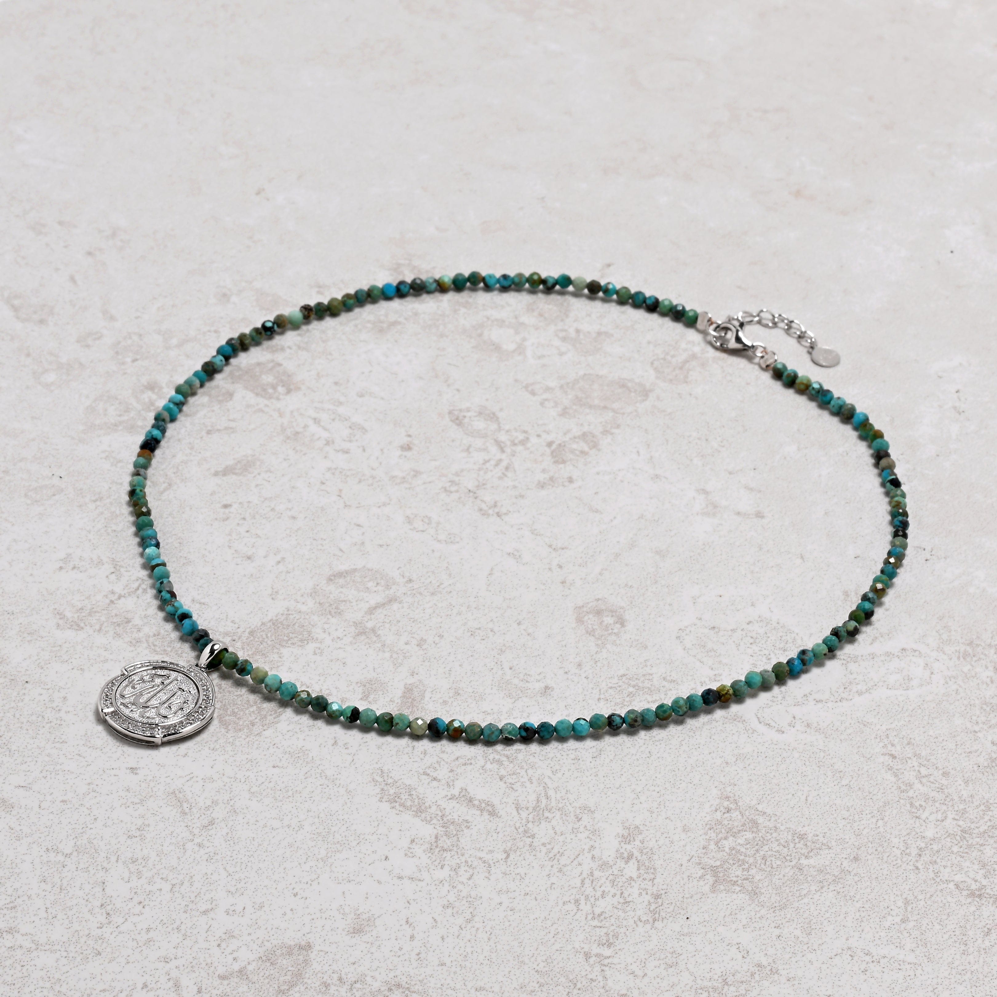 KALIFANO Gemstone Jewelry 18" Natural Turquoise 3mm Necklace with Sterling Silver Allah Charm 925NA201-TQ