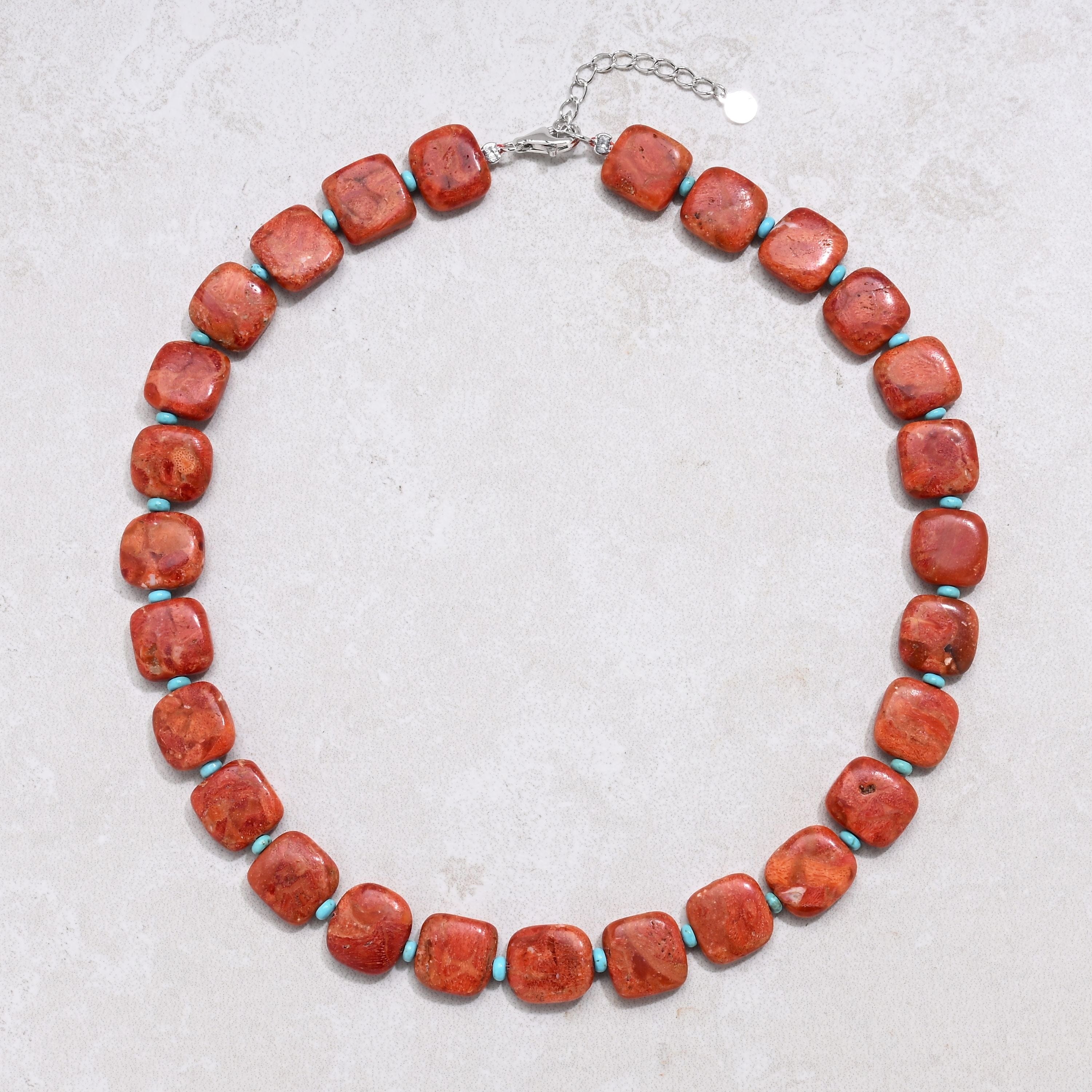 KALIFANO Gemstone Jewelry 18" Red Coral & Howlite Turquoise Gemstone Necklace with Sterling Silver Clasp 925N-17-RCTQ