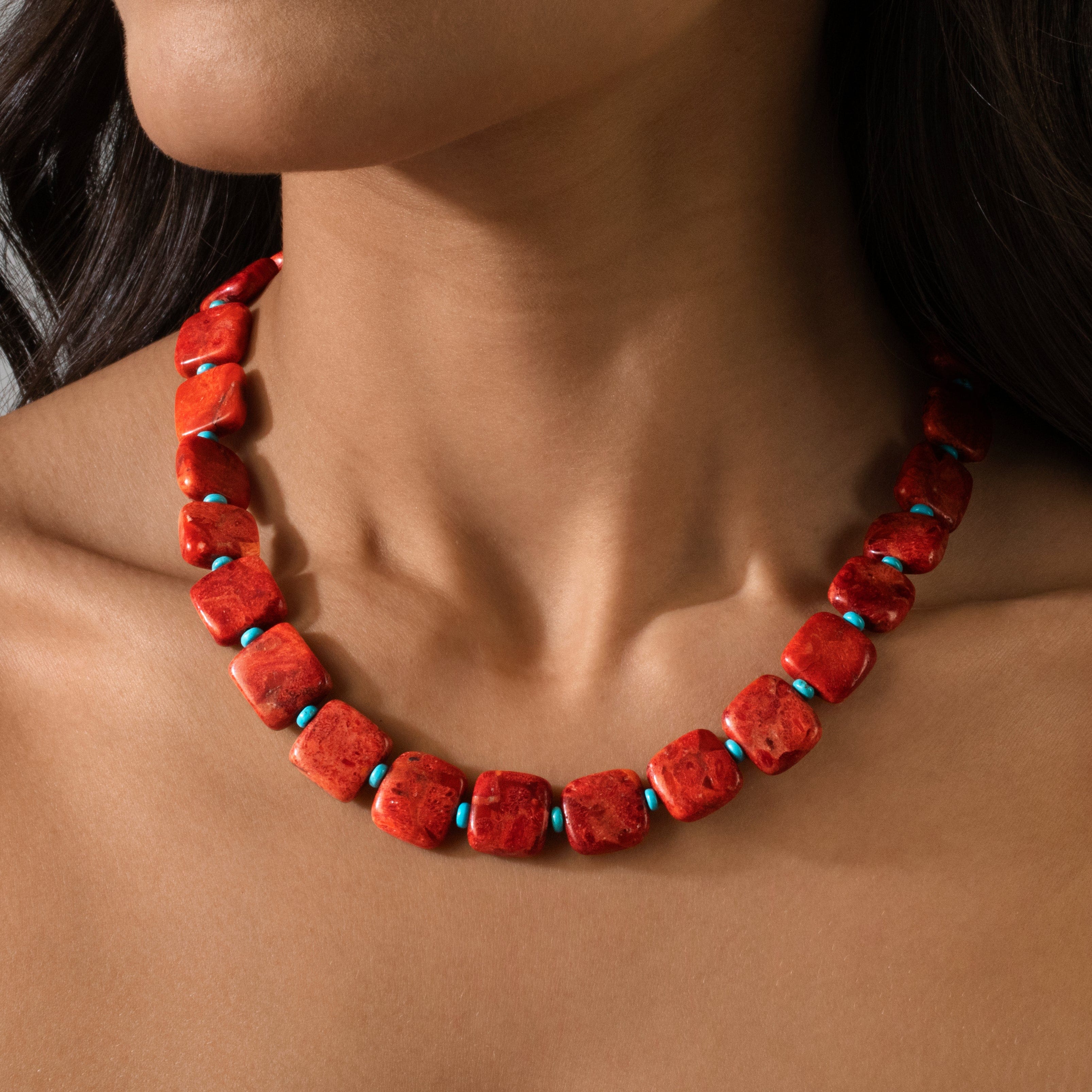 KALIFANO Gemstone Jewelry 18" Red Coral & Howlite Turquoise Gemstone Necklace with Sterling Silver Clasp 925N-17-RCTQ