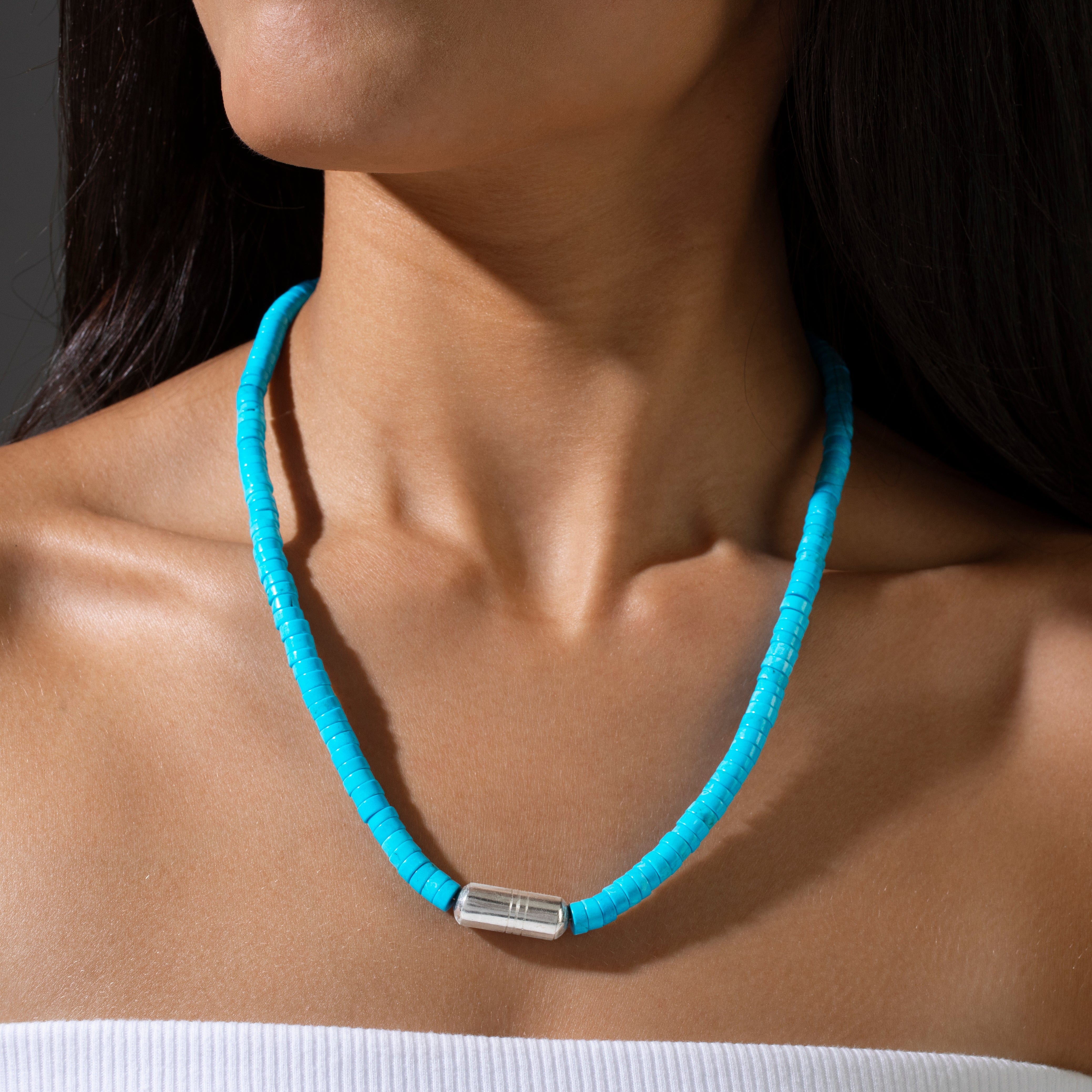 KALIFANO Gemstone Jewelry 20" Howlite King Turquoise Necklace with Vintage Native American Sterling Silver Barrel Pendant 925N-04-TQ