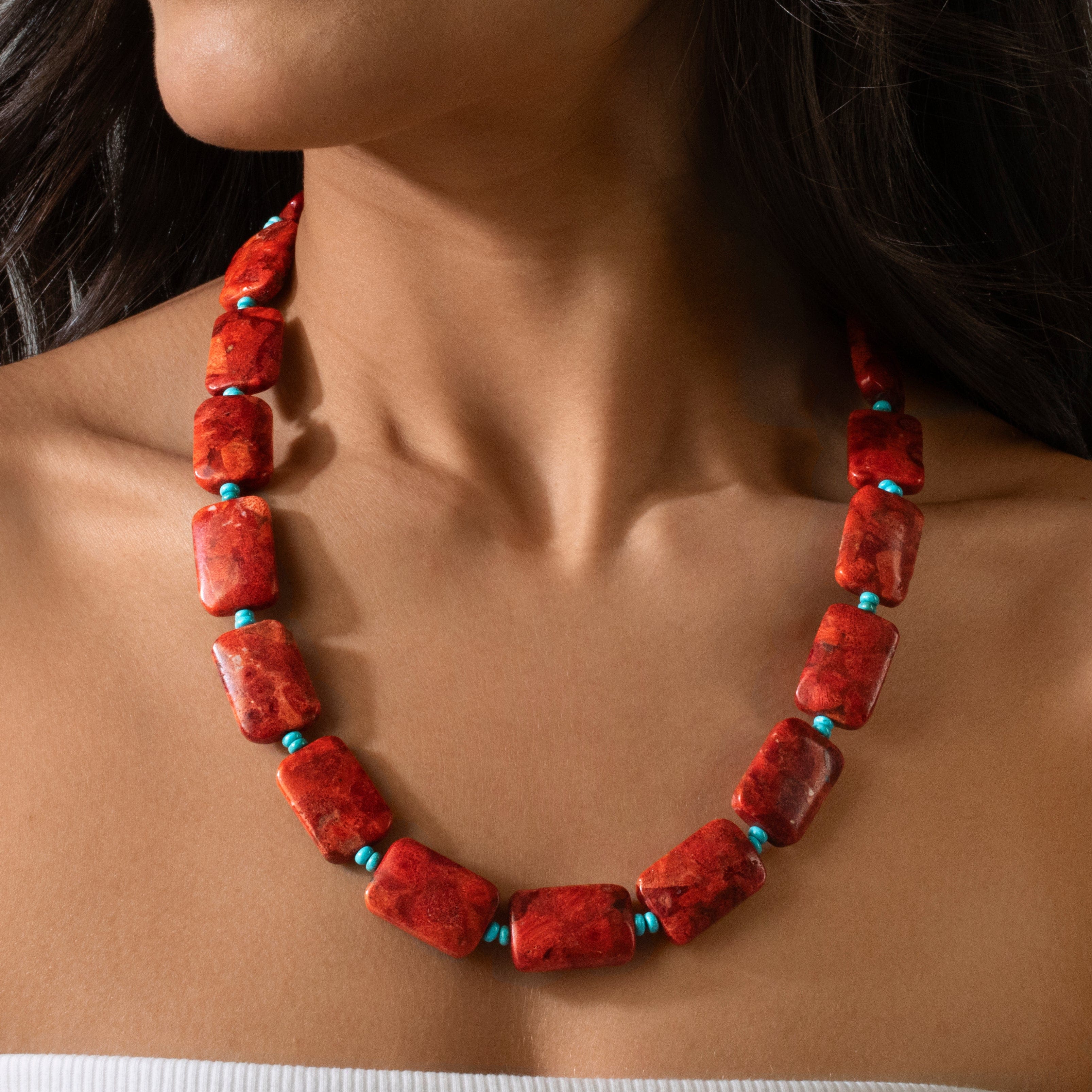 KALIFANO Gemstone Jewelry 22" Red Coral & Howlite Turquoise Gemstone Necklace with Sterling Silver Clasp 925N-19-RCTQ