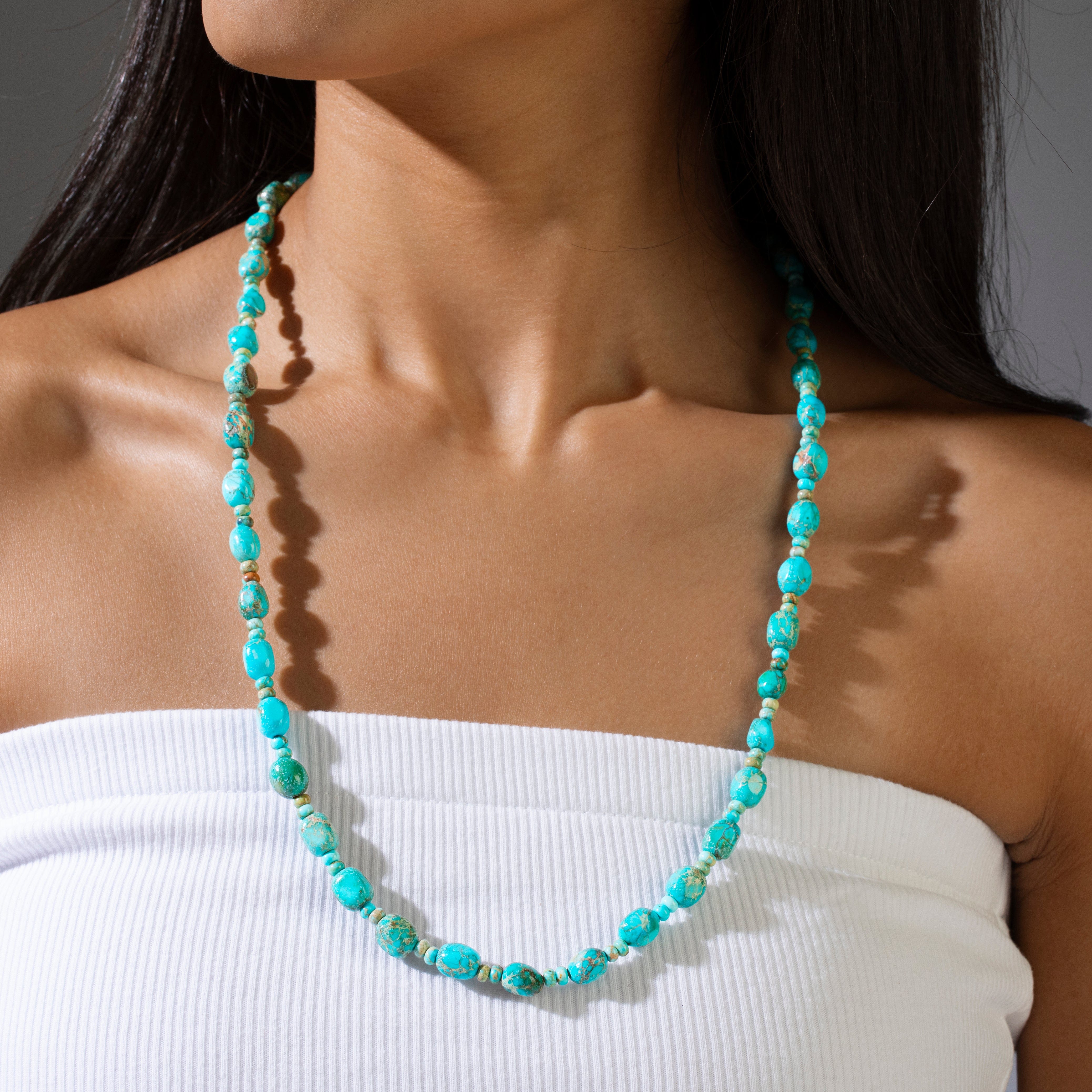 KALIFANO Gemstone Jewelry 26.5in King Turquoise Gemstone Necklace with Sterling Silver Clasp 925NTQ-27