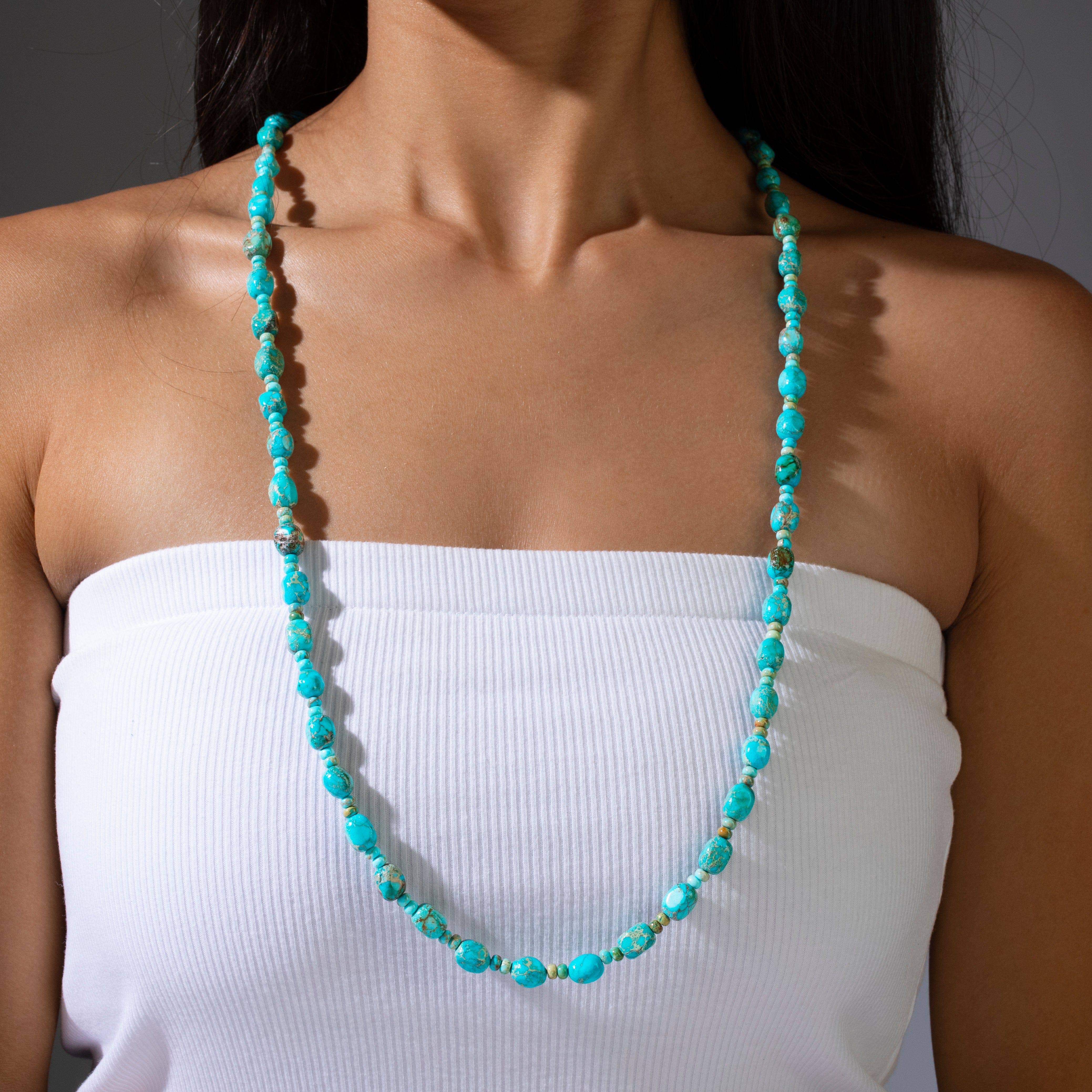 KALIFANO Gemstone Jewelry 34in King Turquoise Gemstone Necklace with Sterling Silver Clasp 925NTQ-34
