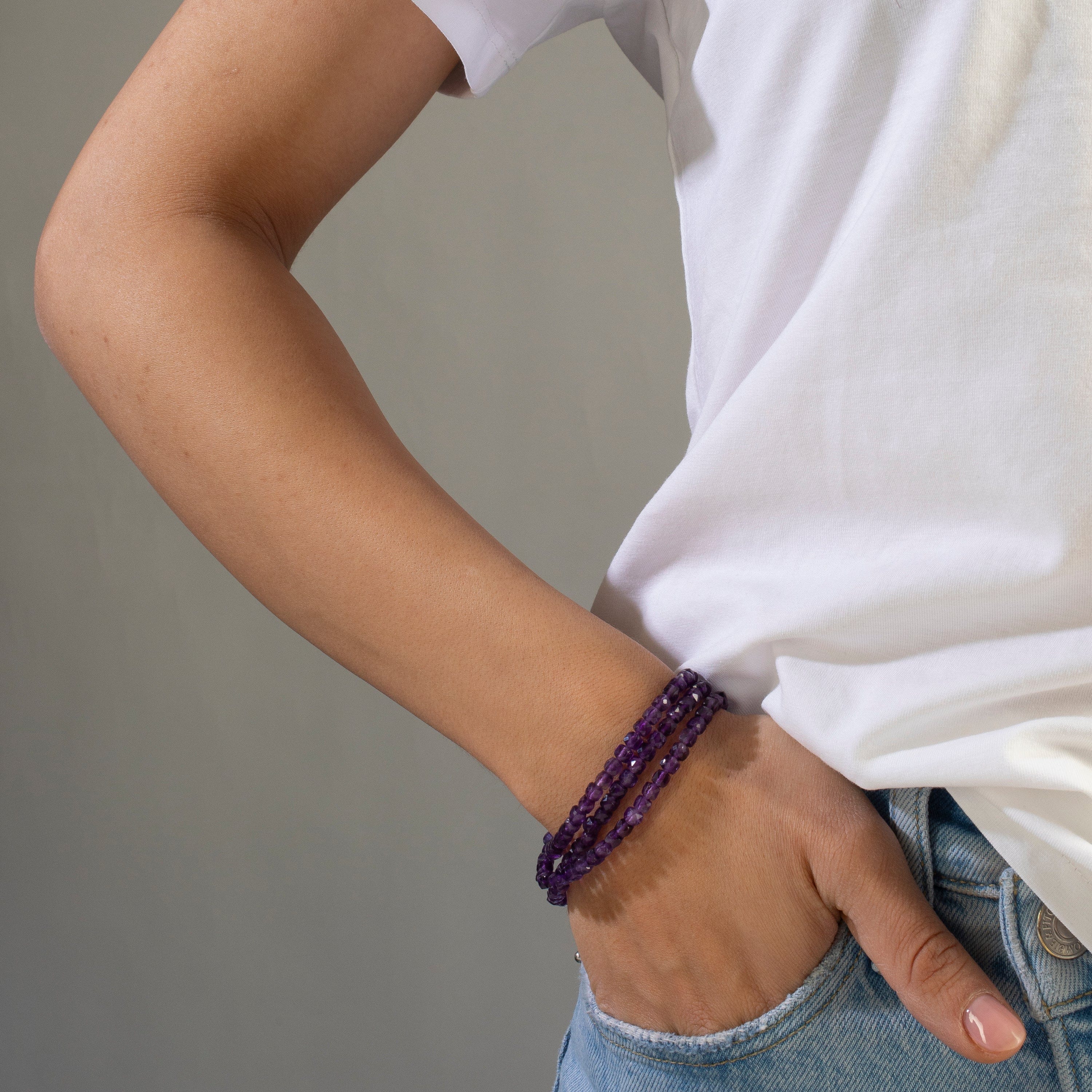 KALIFANO Gemstone Jewelry 4mm Amethyst Faceted Cube 21" Necklace / Multi wrap Bracelet N55-AM