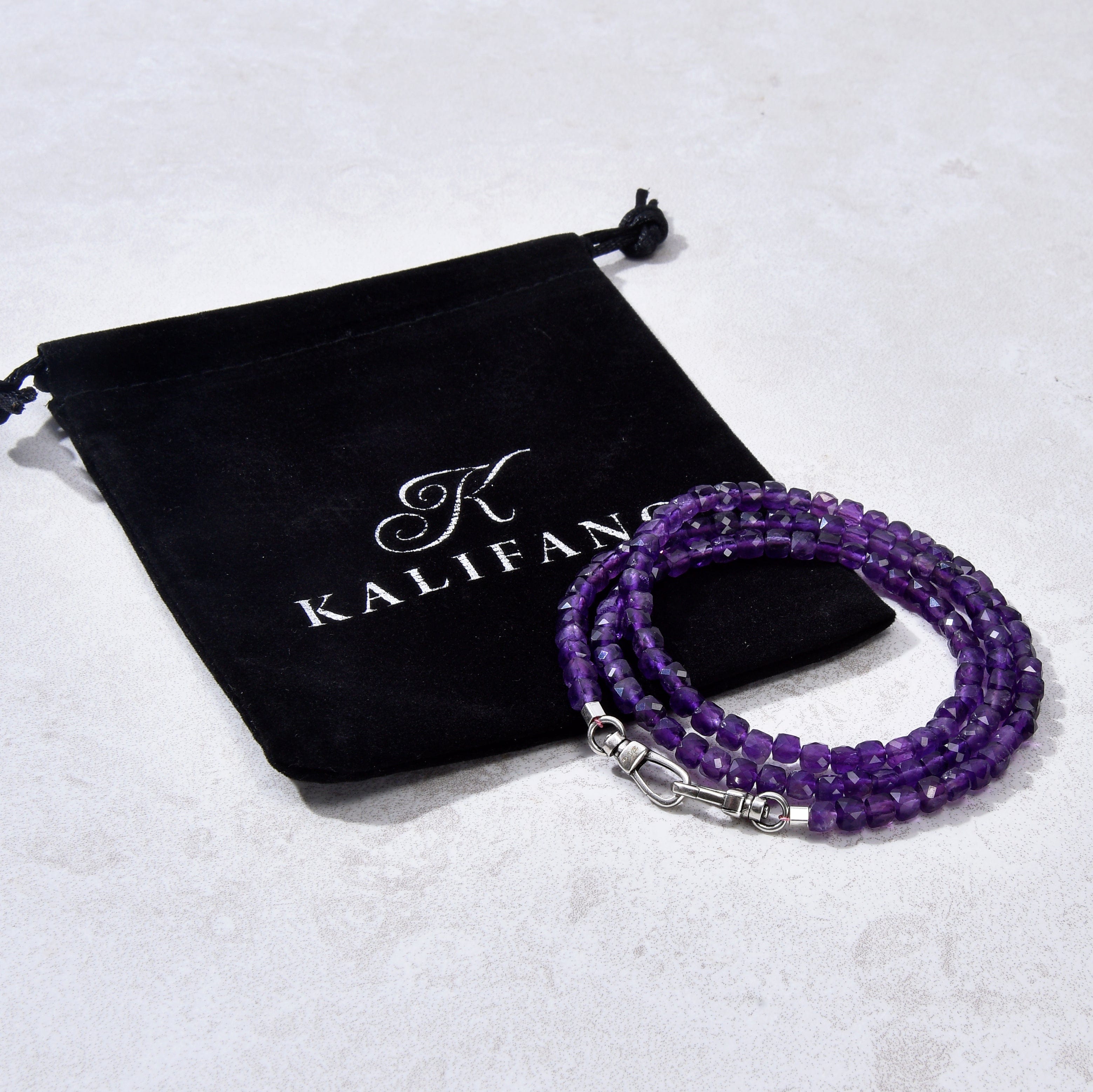 KALIFANO Gemstone Jewelry 4mm Amethyst Faceted Cube 21" Necklace / Multi wrap Bracelet N55-AM