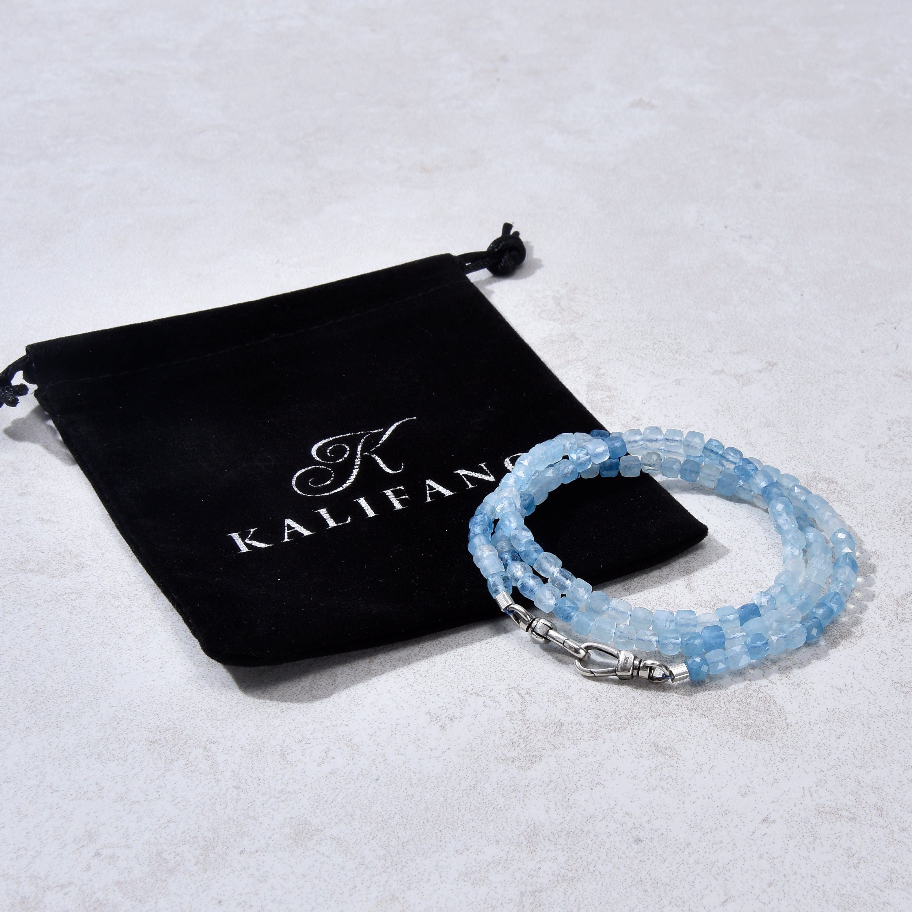 KALIFANO Gemstone Jewelry 4mm Aquamarine Faceted Cube 21" Necklace / Multi wrap Bracelet N55-AQ