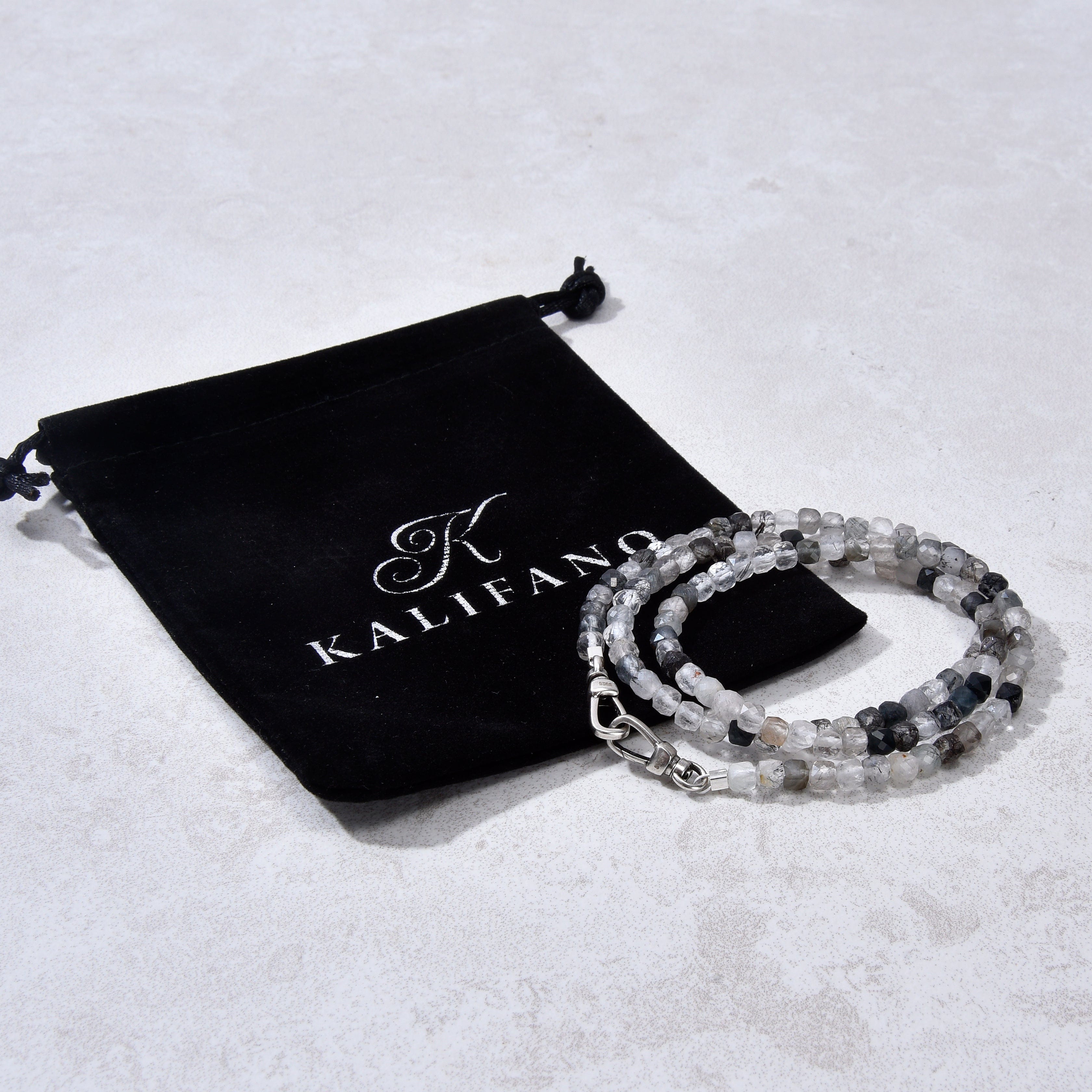 KALIFANO Gemstone Jewelry 4mm Black Rutilated Quartz Faceted Cube 21" Necklace / Multi wrap Bracelet N55-BRQ