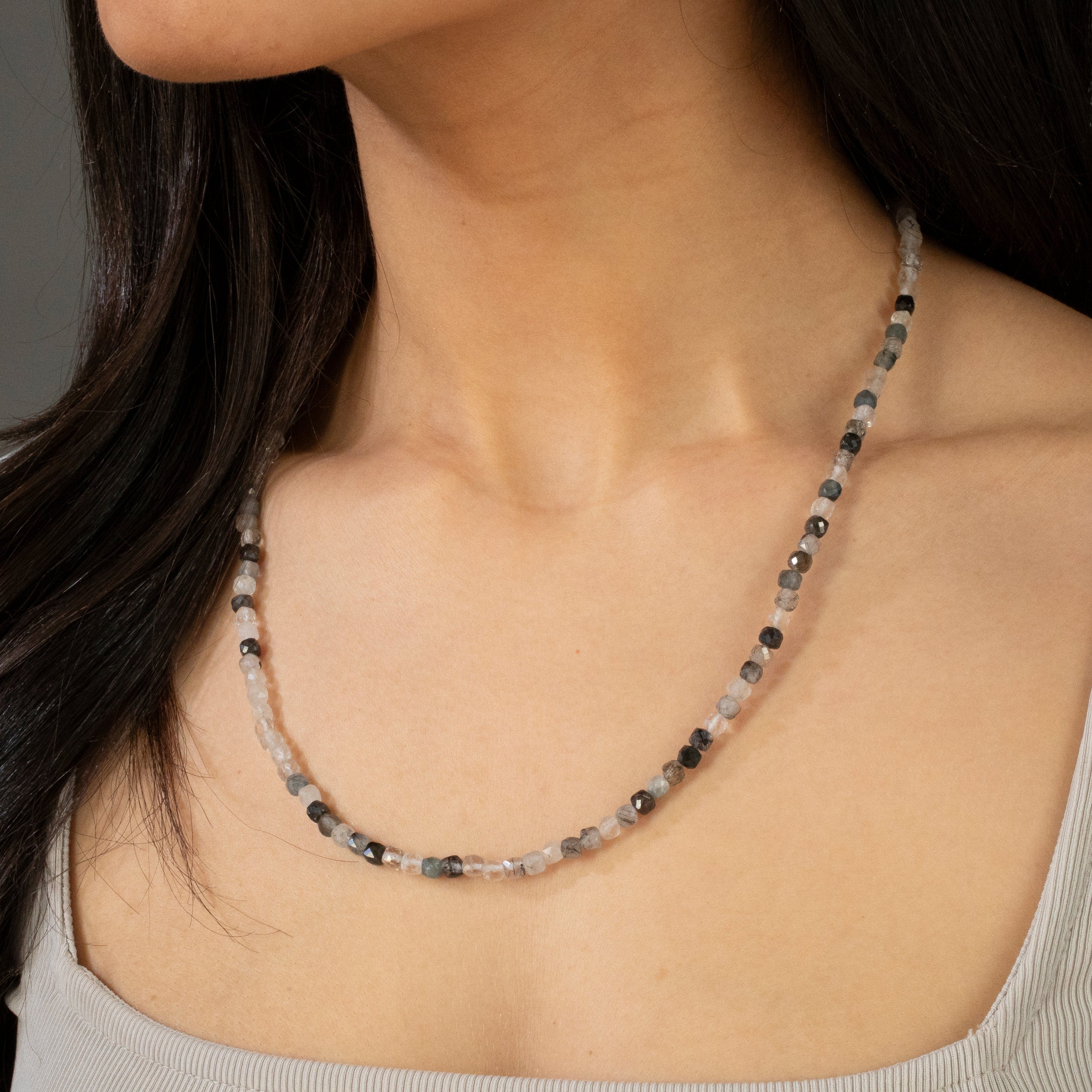 KALIFANO Gemstone Jewelry 4mm Black Rutilated Quartz Faceted Cube 21" Necklace / Multi wrap Bracelet N55-BRQZ