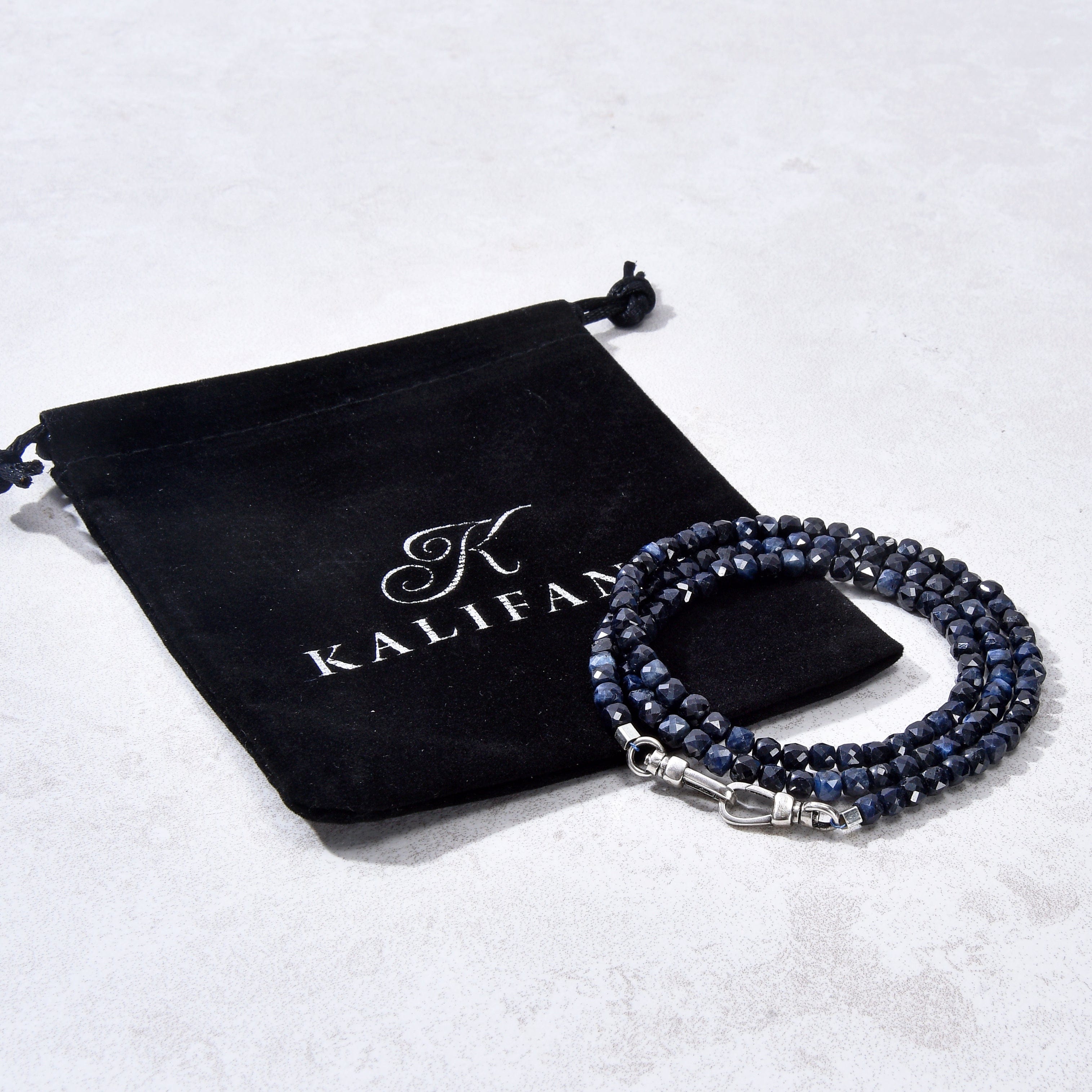 KALIFANO Gemstone Jewelry 4mm Dark Sapphire Faceted Cube 21" Necklace / Multi wrap Bracelet N55-SP