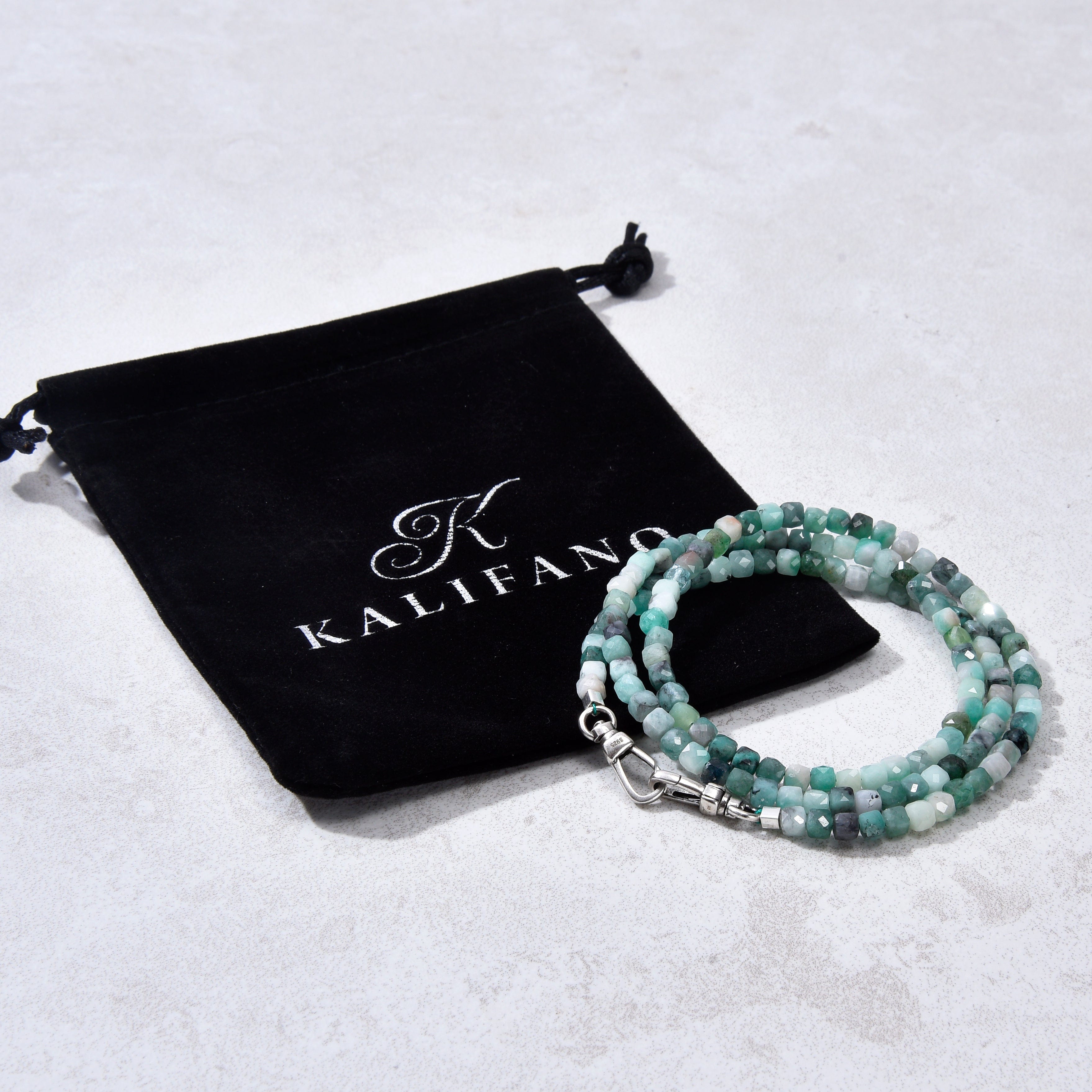 KALIFANO Gemstone Jewelry 4mm Emerald Faceted Cube 21" Necklace / Multi wrap Bracelet N55-EM