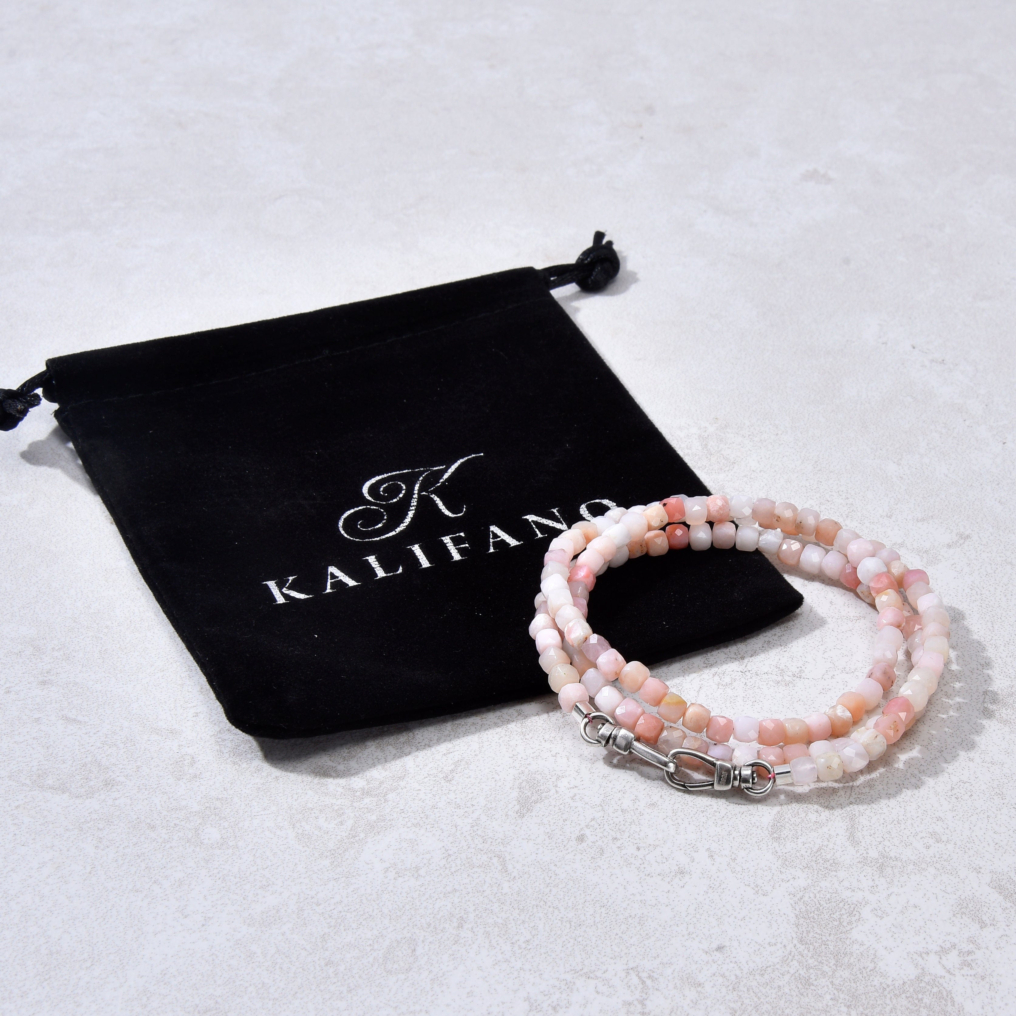KALIFANO Gemstone Jewelry 4mm Pink Opal Faceted Cube 21" Necklace / Multi wrap Bracelet N55-PO