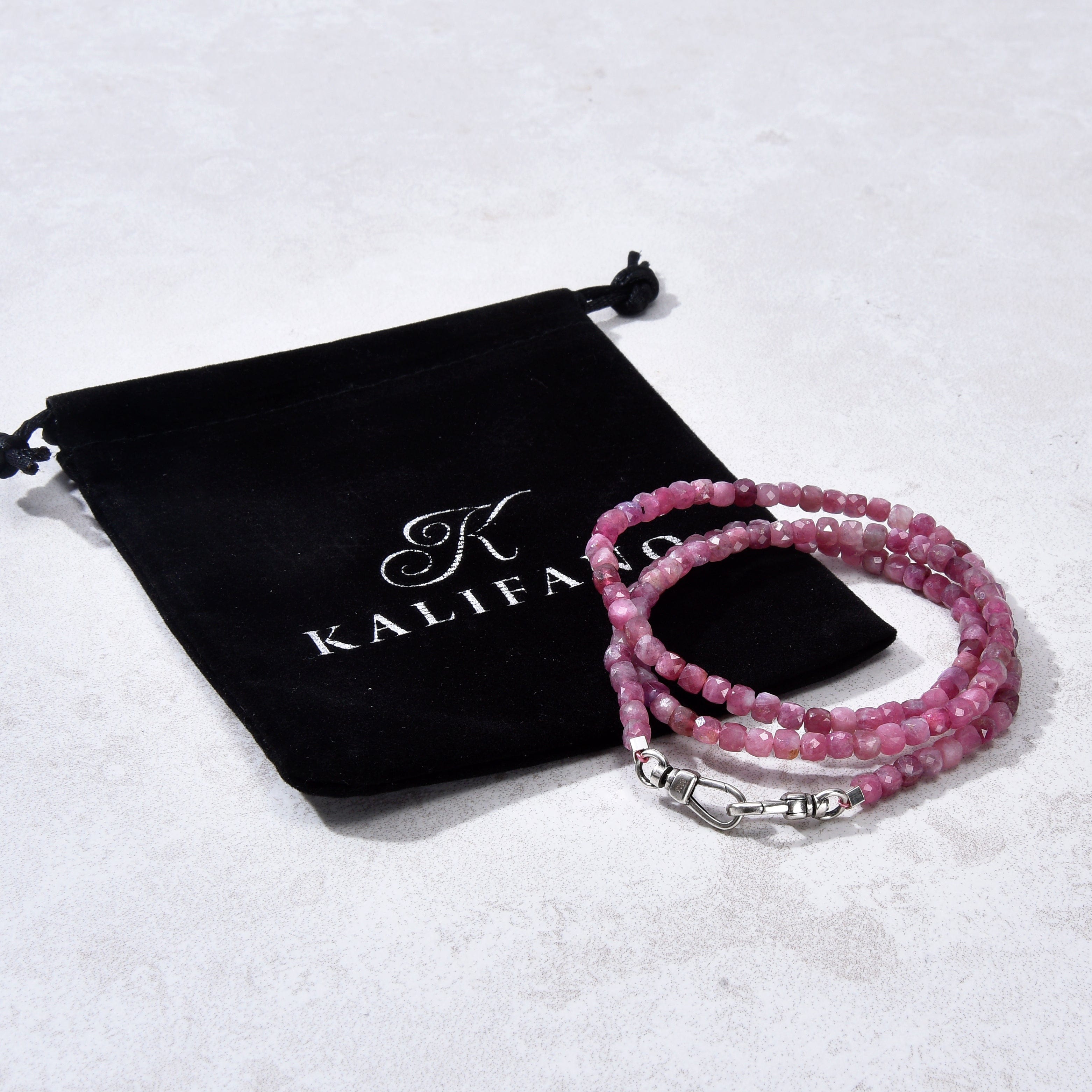 KALIFANO Gemstone Jewelry 4mm Pink Tourmaline Faceted Cube 21" Necklace / Multi wrap Bracelet N55-PTR