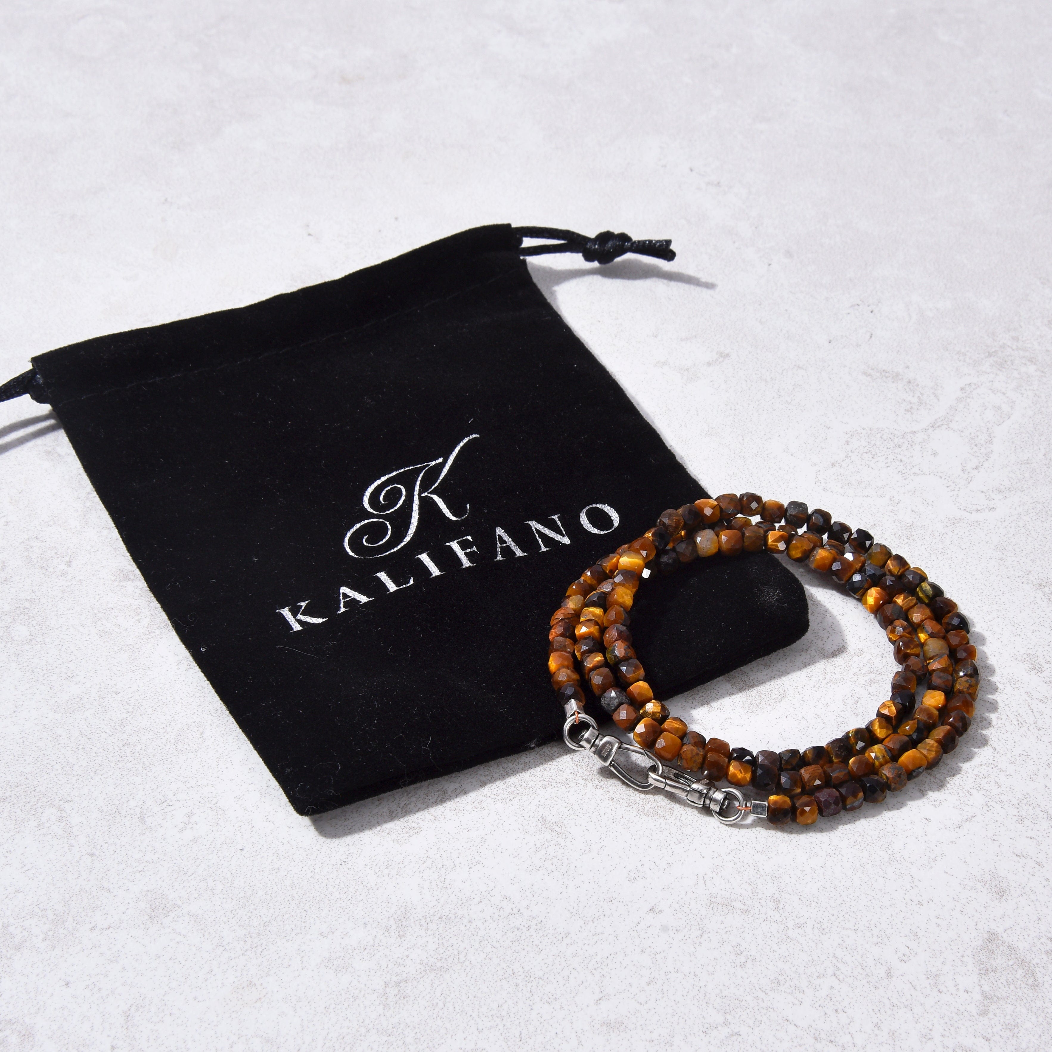 KALIFANO Gemstone Jewelry 4mm Tiger Eye Faceted Cube 21" Necklace / Multi wrap Bracelet N55-TE