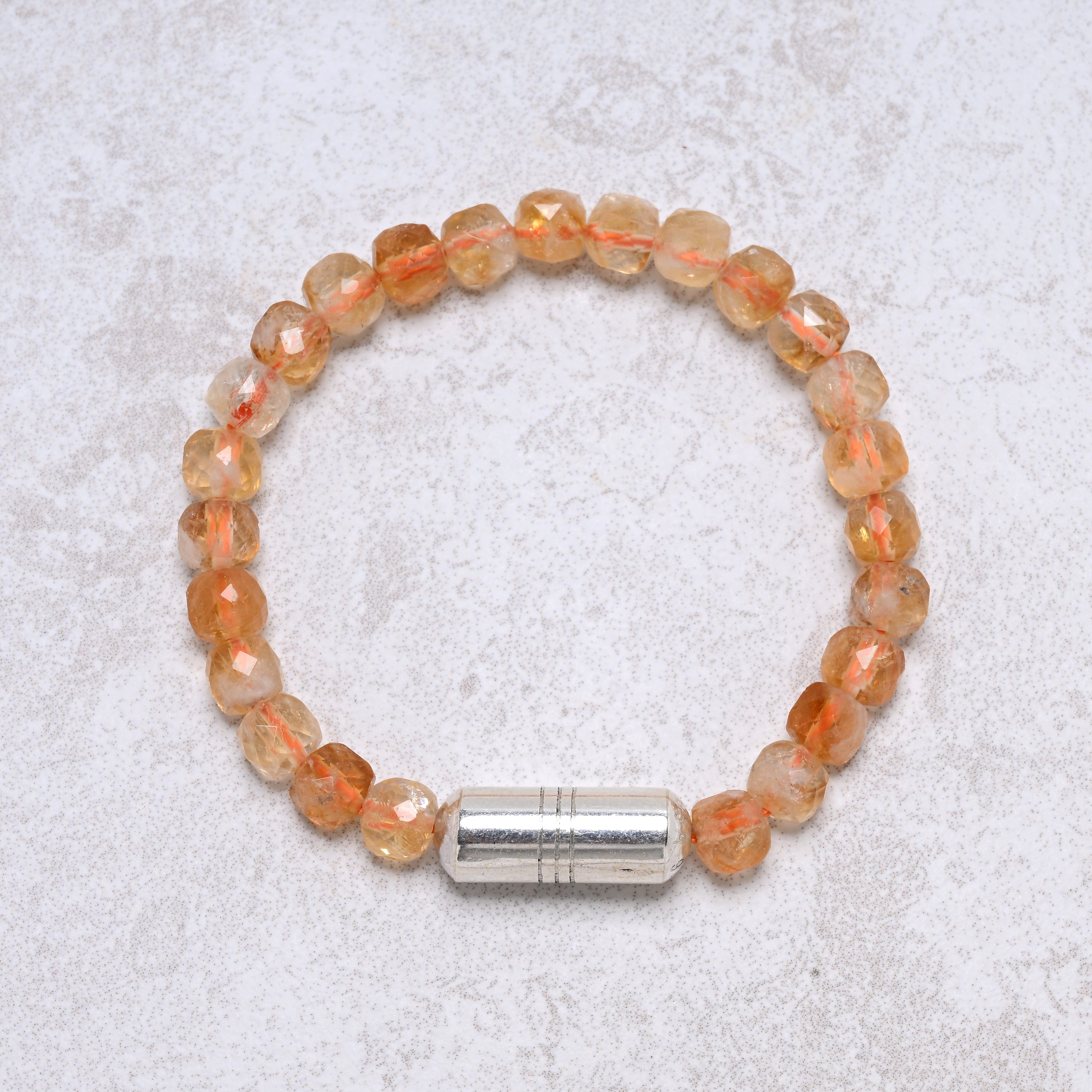 KALIFANO Gemstone Jewelry 6.3" Elastic Genuine Citrine Beaded Bracelet with Vintage Native American Sterling Silver Barrel Bead 925B-04-S