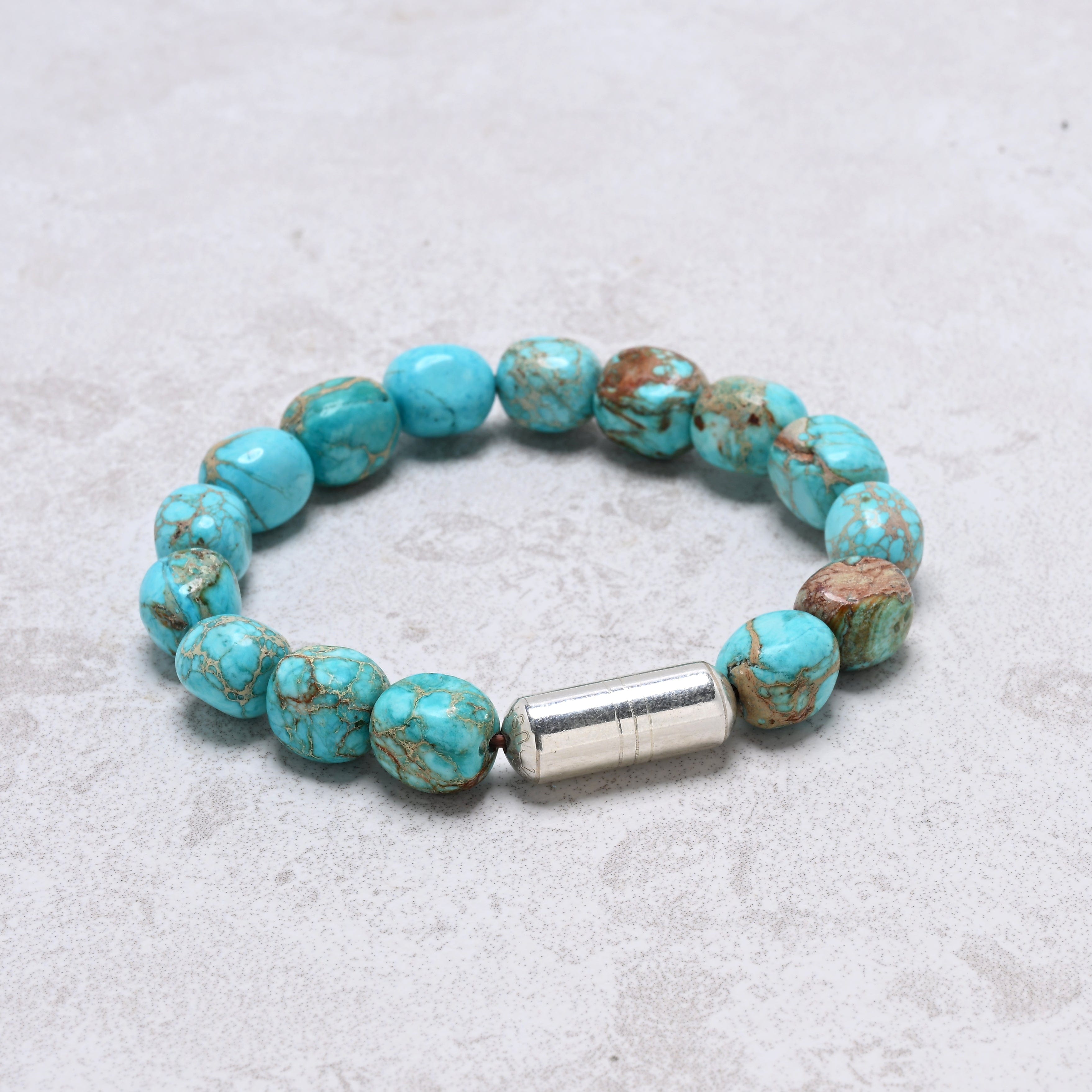 KALIFANO Gemstone Jewelry 6.3" Elastic Howlite King Turquoise Bracelet with Vintage Native American Sterling Silver Barrel 925B-01-S