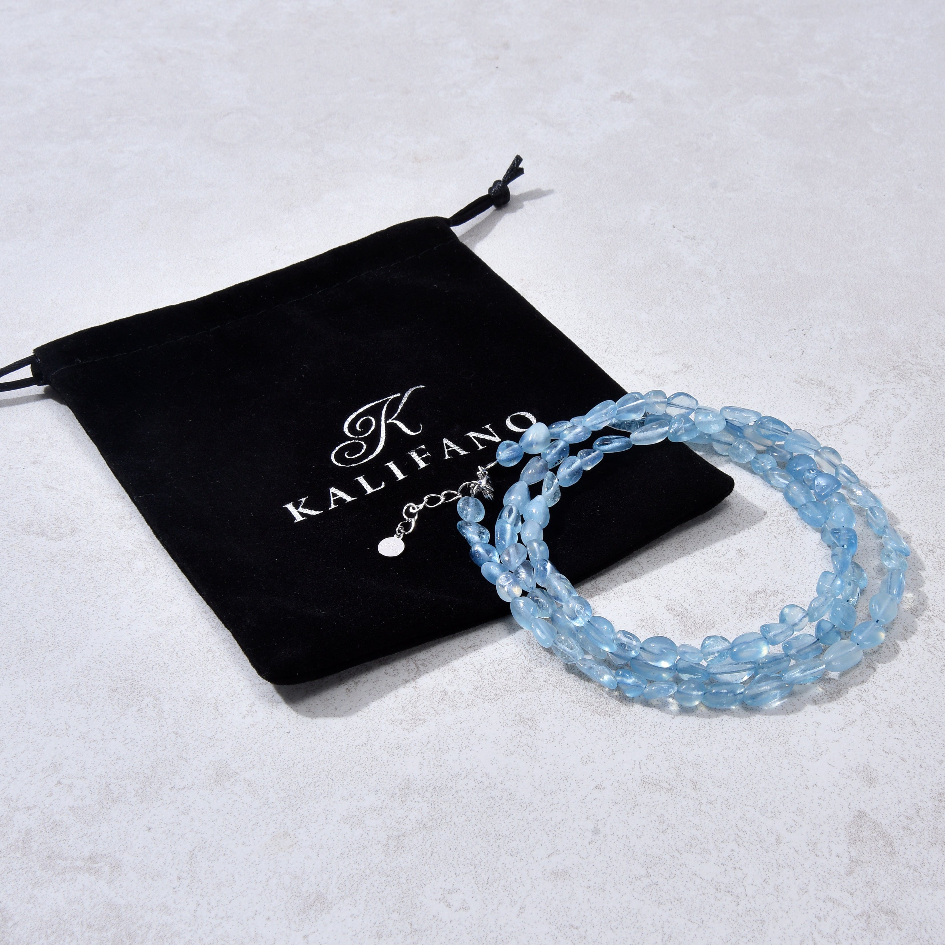 KALIFANO Gemstone Jewelry 8mm Aquamarine 30" Necklace / Multi wrap Bracelet N77-AQ