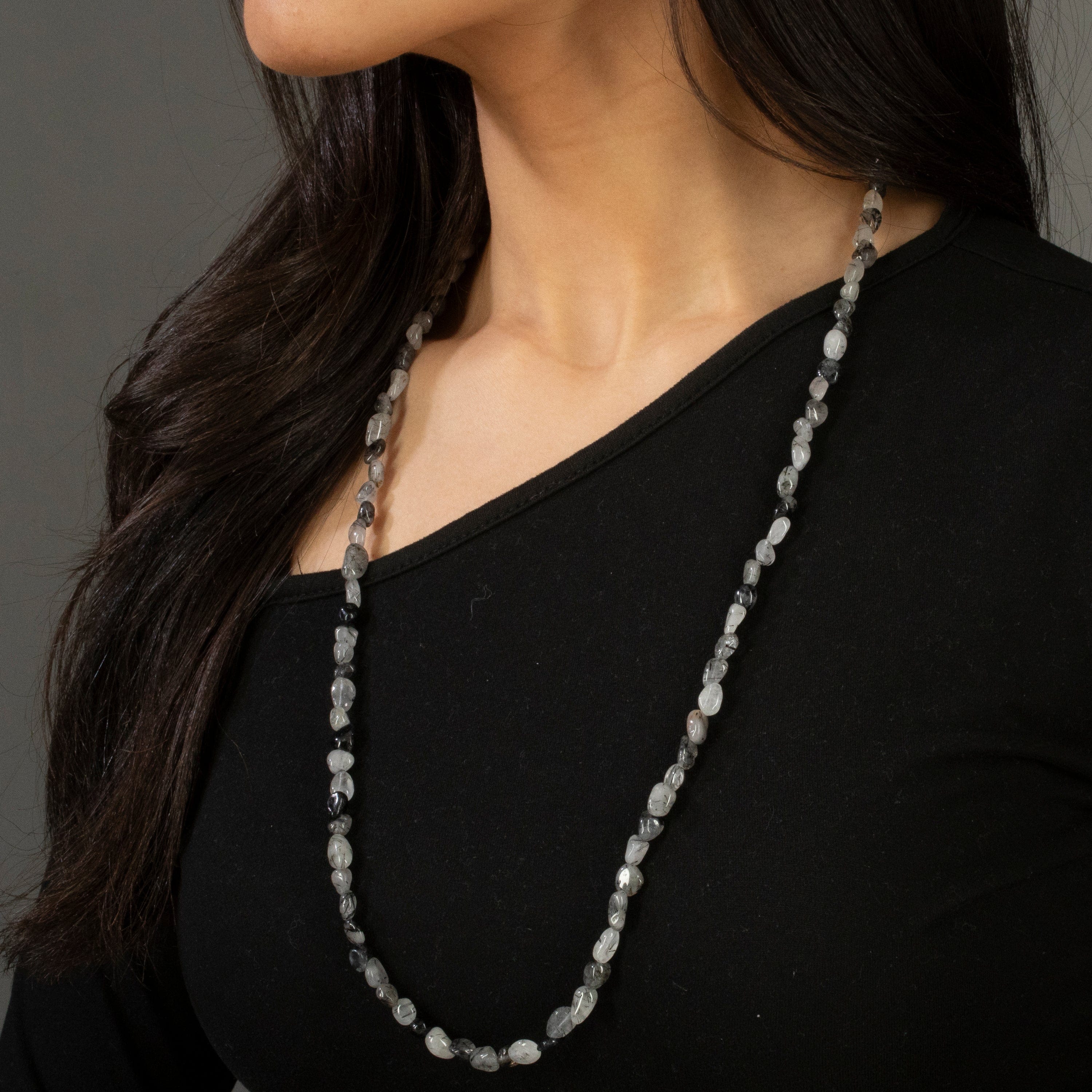 KALIFANO Gemstone Jewelry 8mm Black Rutilated Quartz 30" Necklace / Multi wrap Bracelet N77-BRQZ