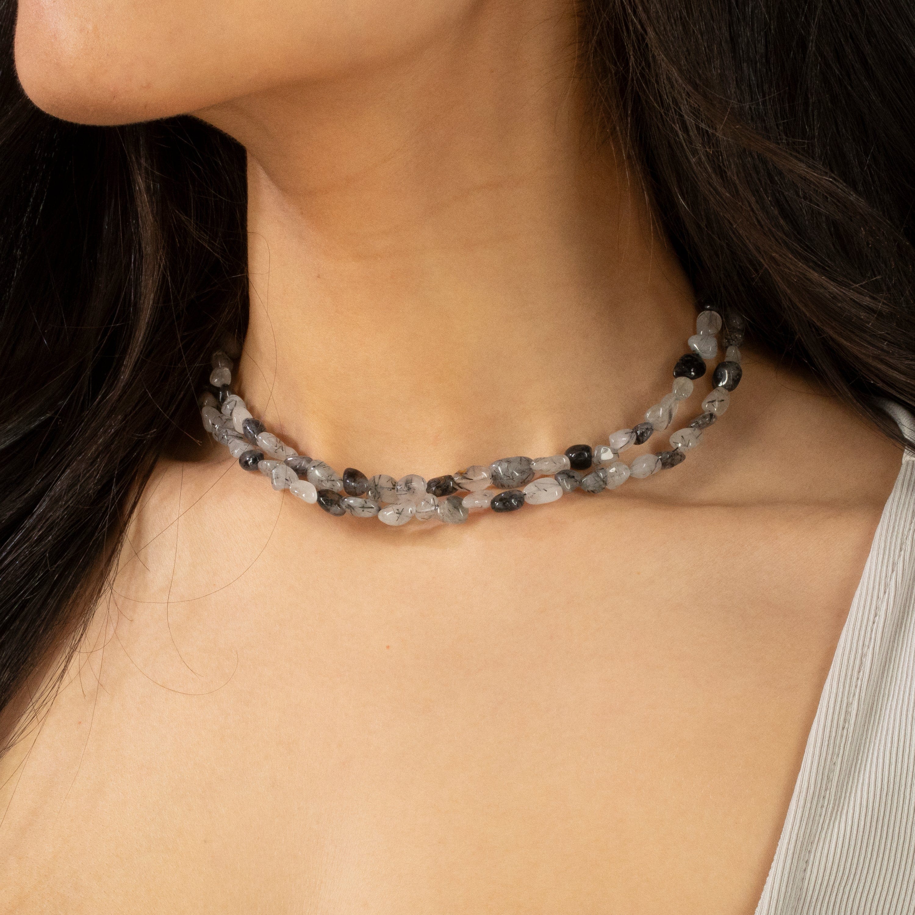 KALIFANO Gemstone Jewelry 8mm Black Rutilated Quartz 30" Necklace / Multi wrap Bracelet N77-BRQZ