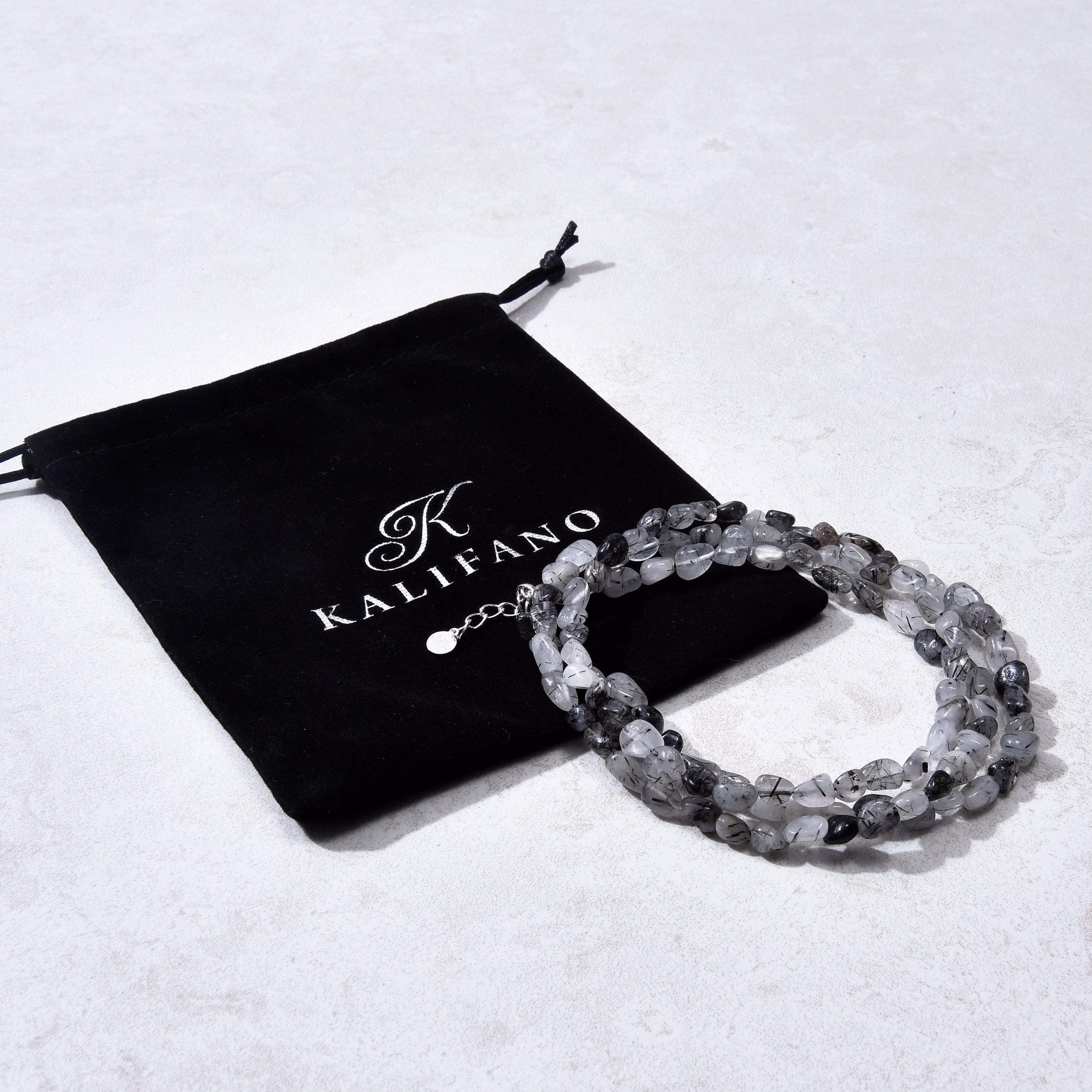 KALIFANO Gemstone Jewelry 8mm Black Rutilated Quartz 30" Necklace / Multi wrap Bracelet N77-BRQZ
