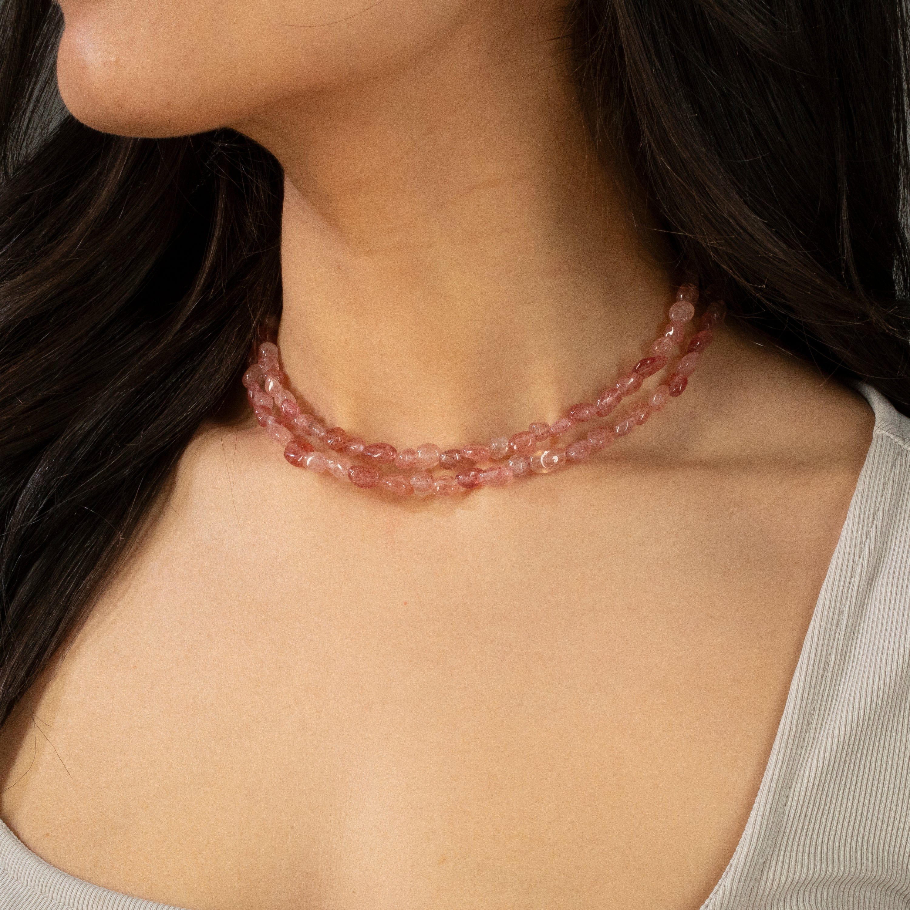 KALIFANO Gemstone Jewelry 8mm Strawberry Quartz 30" Necklace / Multi wrap Bracelet N77-SBQ